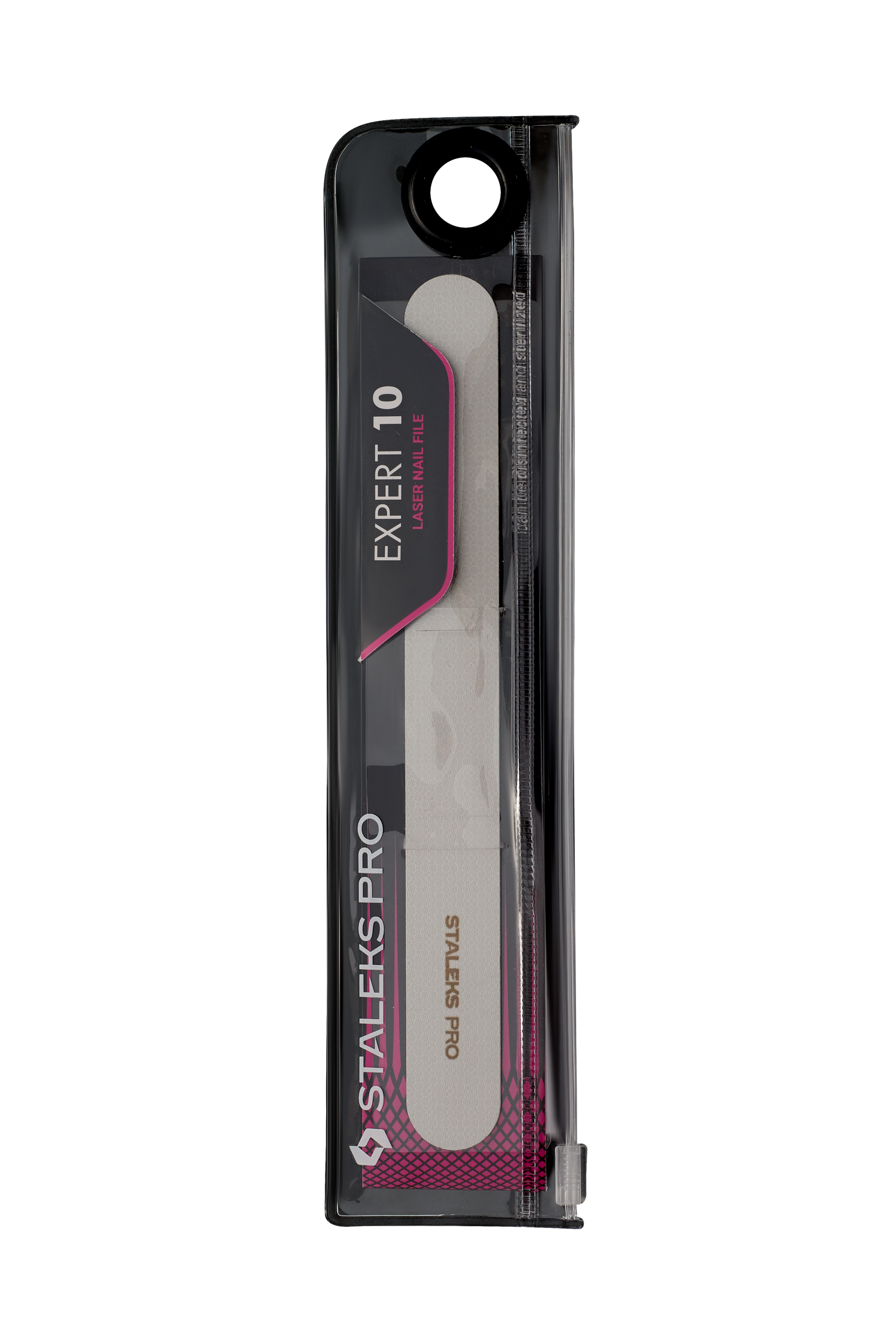 The STALEKS PRO Laser Nail File EXPERT 10 (165 mm) by Staleks is displayed in a clear plastic sleeve with black and pink branding, offering precise care for manicures and pedicures.