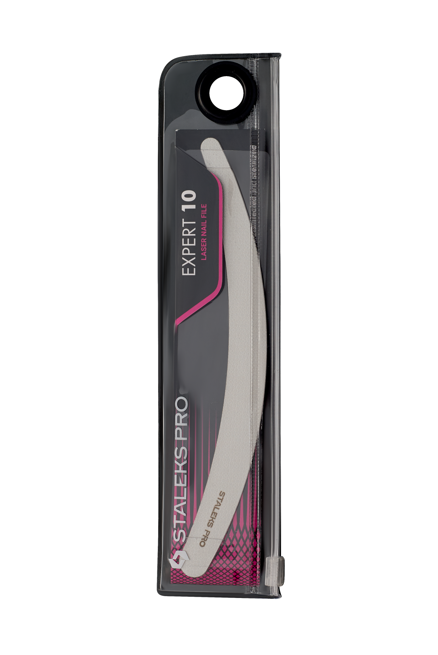 The Staleks PRO Laser Nail File EXPERT 10 (170 mm, Curved) is a white stainless steel file in a transparent pouch with a black and pink label, designed for long-lasting use.