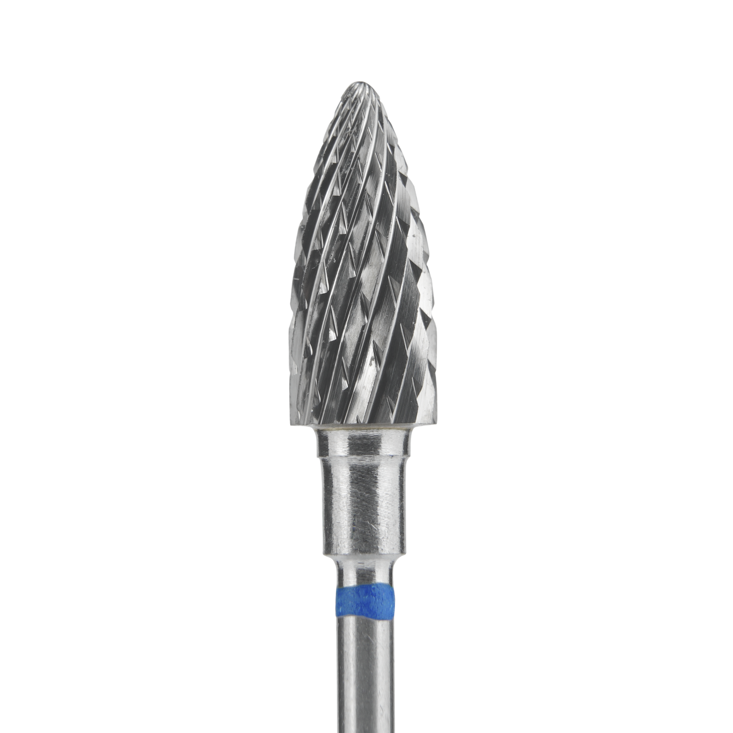 A close-up of the STALEKS PRO Carbide Nail Drill Bit Pine Cone Blue by Staleks, featuring a 6mm diameter spiral-fluted head (working part 14mm), used for shaping artificial nails, set against a black background.