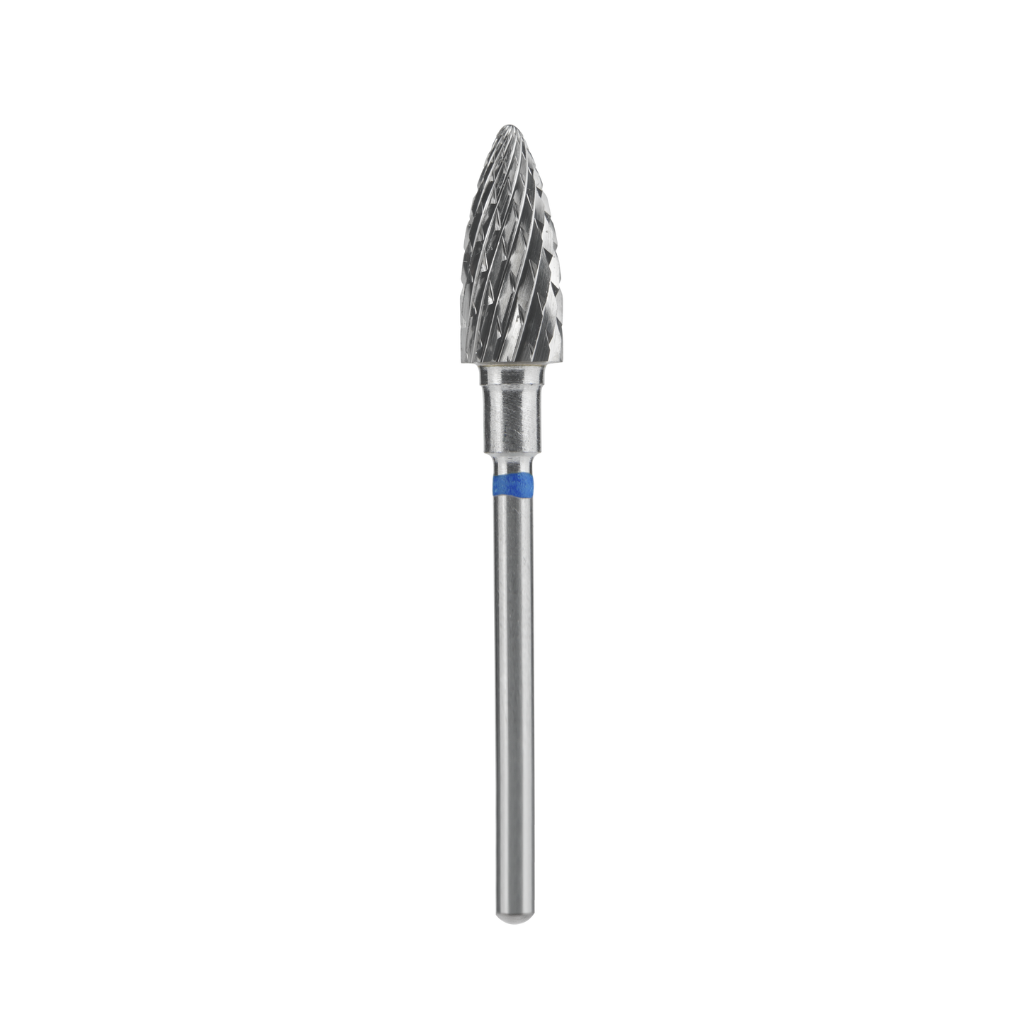 The STALEKS PRO Carbide Nail Drill Bit Pine Cone Blue by Staleks features a 6 mm cone-shaped tip and 14 mm working part, perfect for manicure/pedicure or shaping artificial nails, shown isolated on a black background.