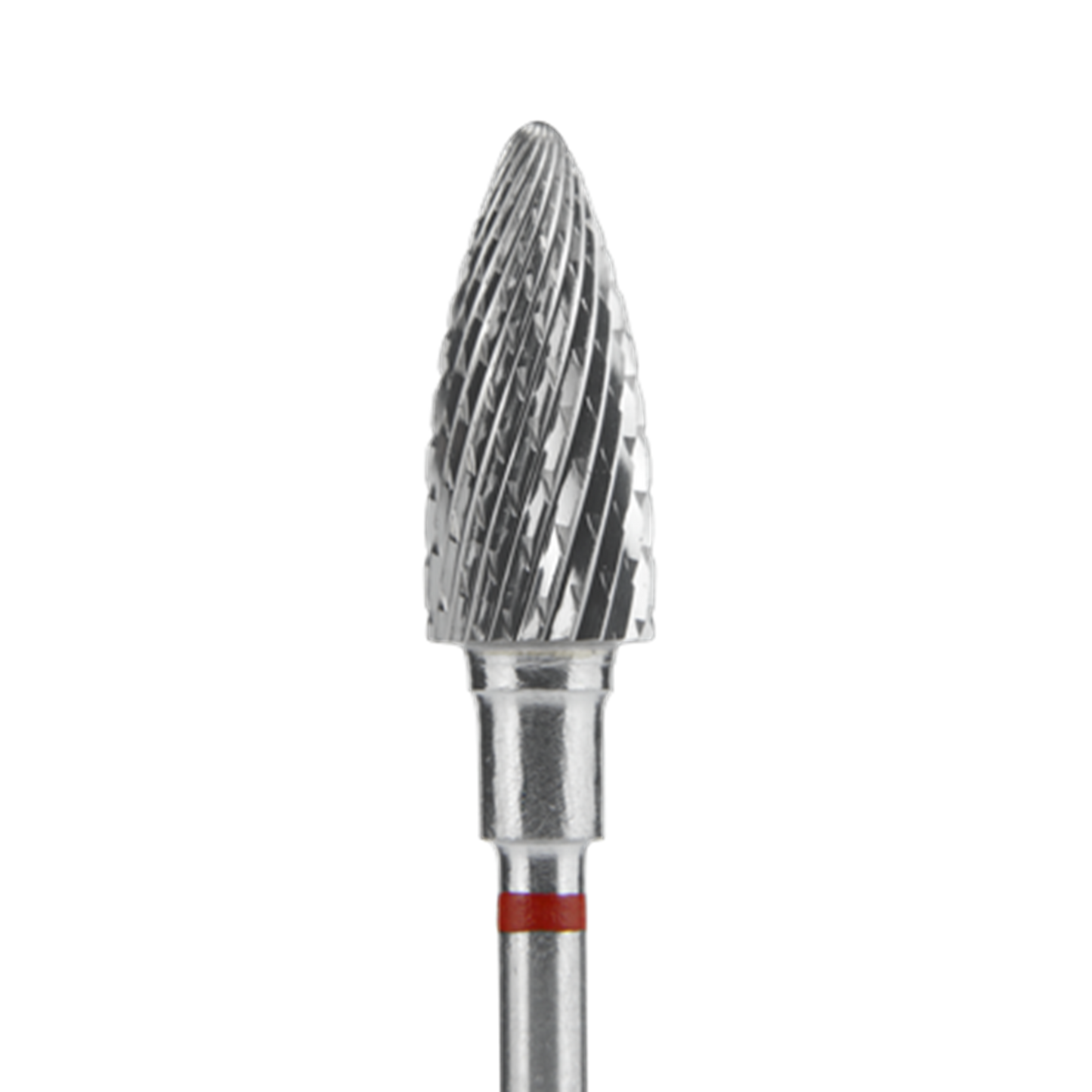 A close-up of the STALEKS PRO Carbide Nail Drill Bit Pine Cone Red (EXPERT, 6mm head/14mm working part) by Staleks, featuring spiral grooves and a red-banded shank, ideal for hardware manicures or artificial nail correction.