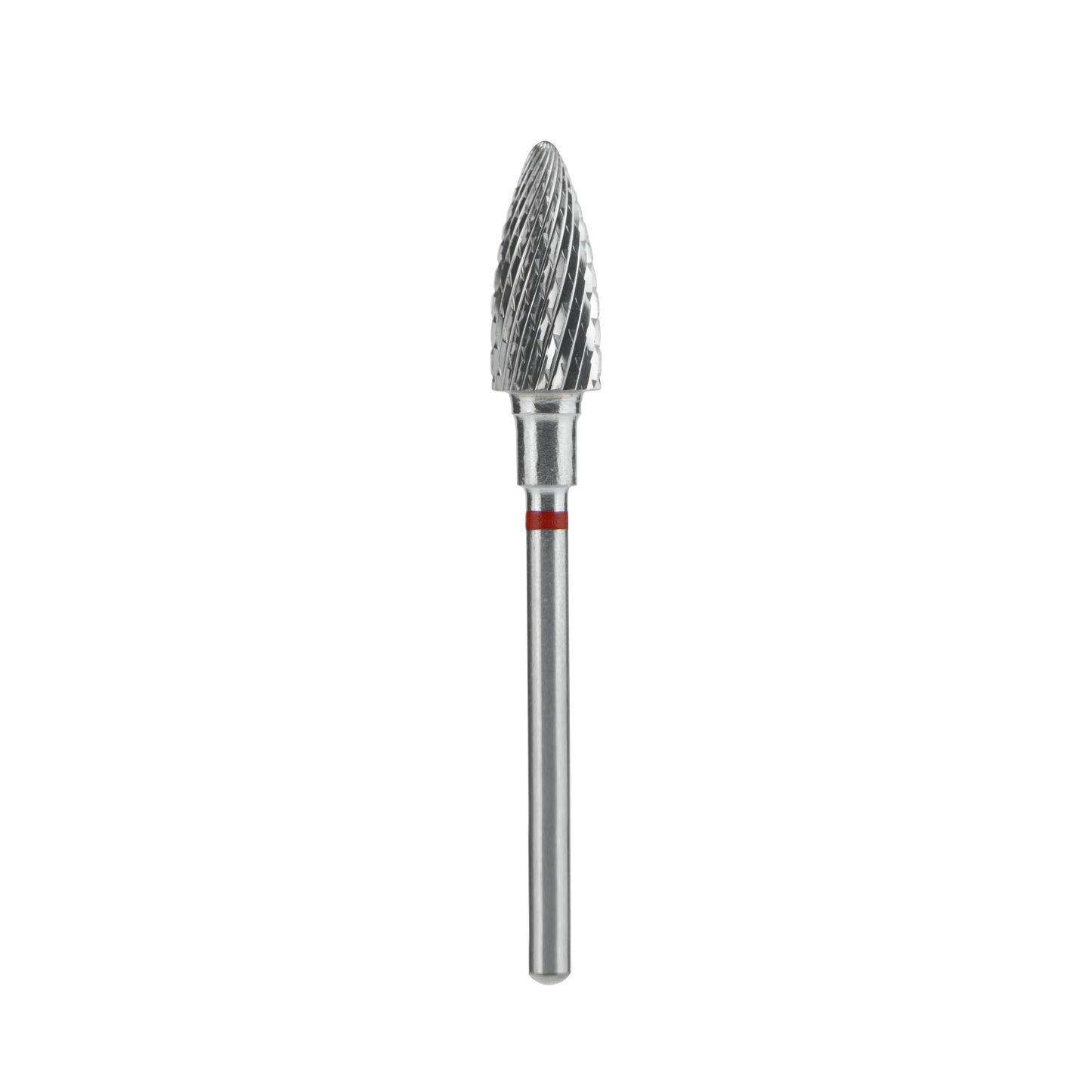 The STALEKS PRO Carbide Nail Drill Bit Pine Cone Red by Staleks features a 6 mm diameter, 14 mm working part, and a tapered ridged head, ideal for manicure or correcting artificial nails, shown against a solid black background.