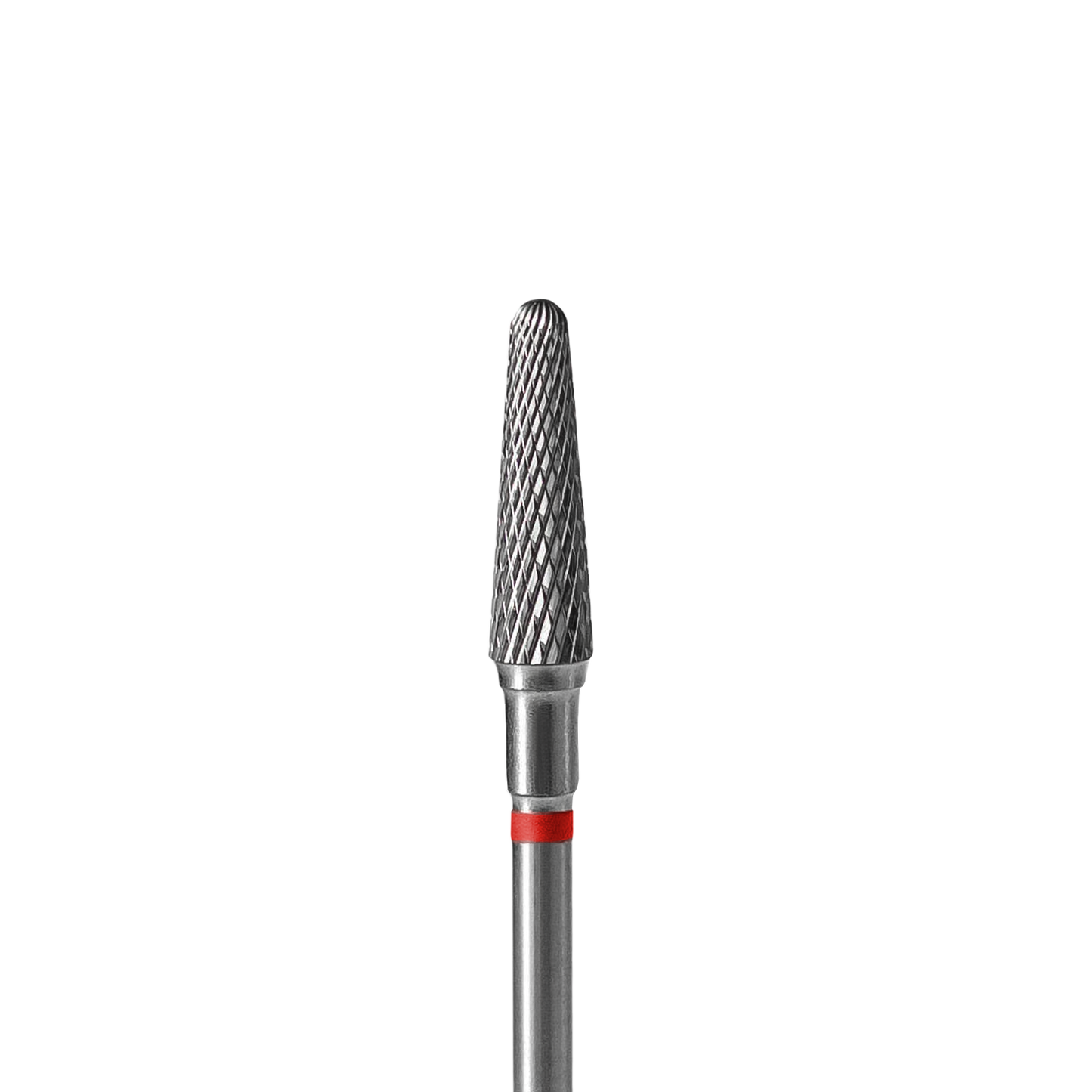 The STALEKS PRO Carbide nail drill bit by Staleks, featuring a frustum-shaped textured cutting head with a 4 mm diameter and a red ring on the shaft, is perfect for precise manicure and pedicure tasks. It's beautifully displayed against a black background, with its working part measuring 13 mm.