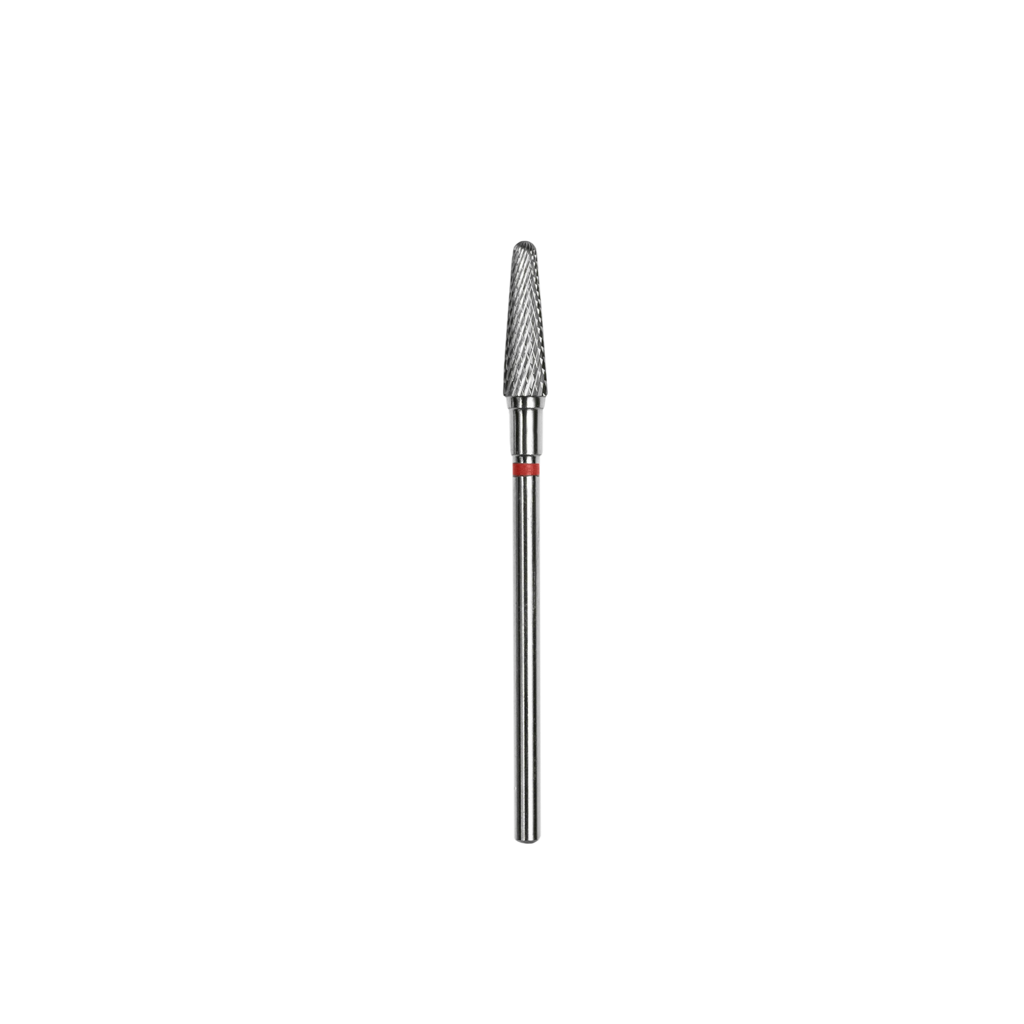 A STALEKS PRO Carbide nail drill bit with a silver, pointed, textured tip in a frustum shape, featuring a red stripe near the base, is set against a solid black background. The brand name is Staleks and it has a head diameter of 4 mm and a working part of 13 mm.