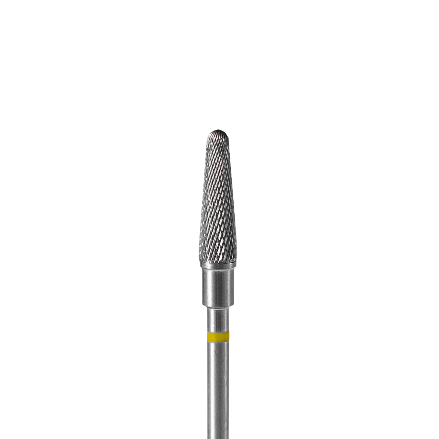 Close-up of a high-quality Staleks PRO Carbide Nail Drill Bit (Frustum) with a textured tip and a yellow band on the handle, isolated on a black background.