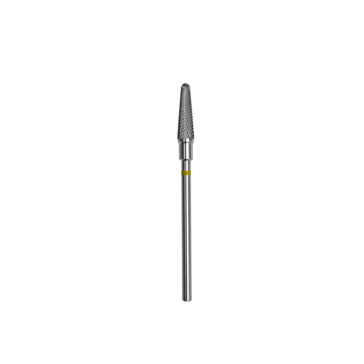 A close-up image of a Staleks PRO Carbide Nail Drill Bit (Frustum) Yellow with a head diameter of 4mm and working part of 13mm, featuring high-quality materials and a textured grip on a black background.