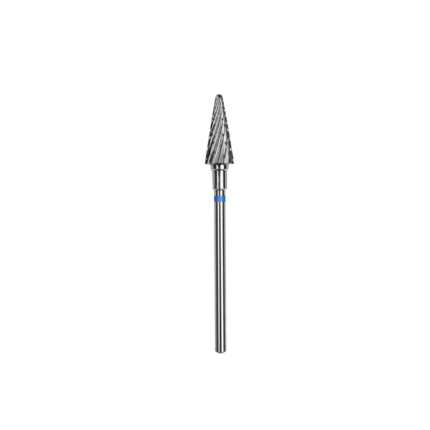 The Staleks STALEKS PRO Carbide Nail Drill Bit Cone Blue features a 6 mm diameter, 14 mm working part, medium hardness spiral-fluted head, and straight shank, shown on a black background.