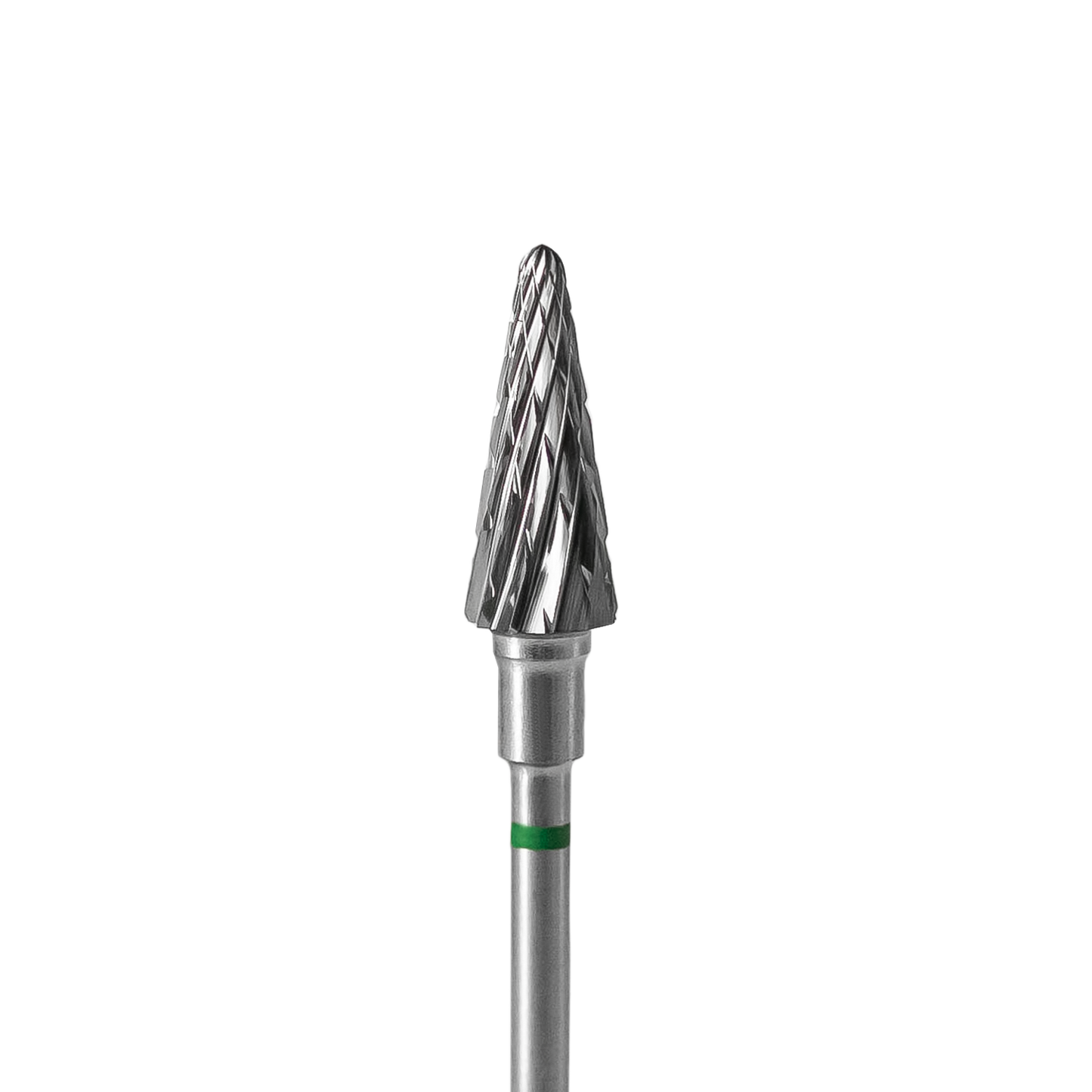 Close-up of a Staleks Carbide nail drill bit (cone) green with a textured, cone-shaped head, made from high-quality materials, used for manicure and pedicure, set against a black background.