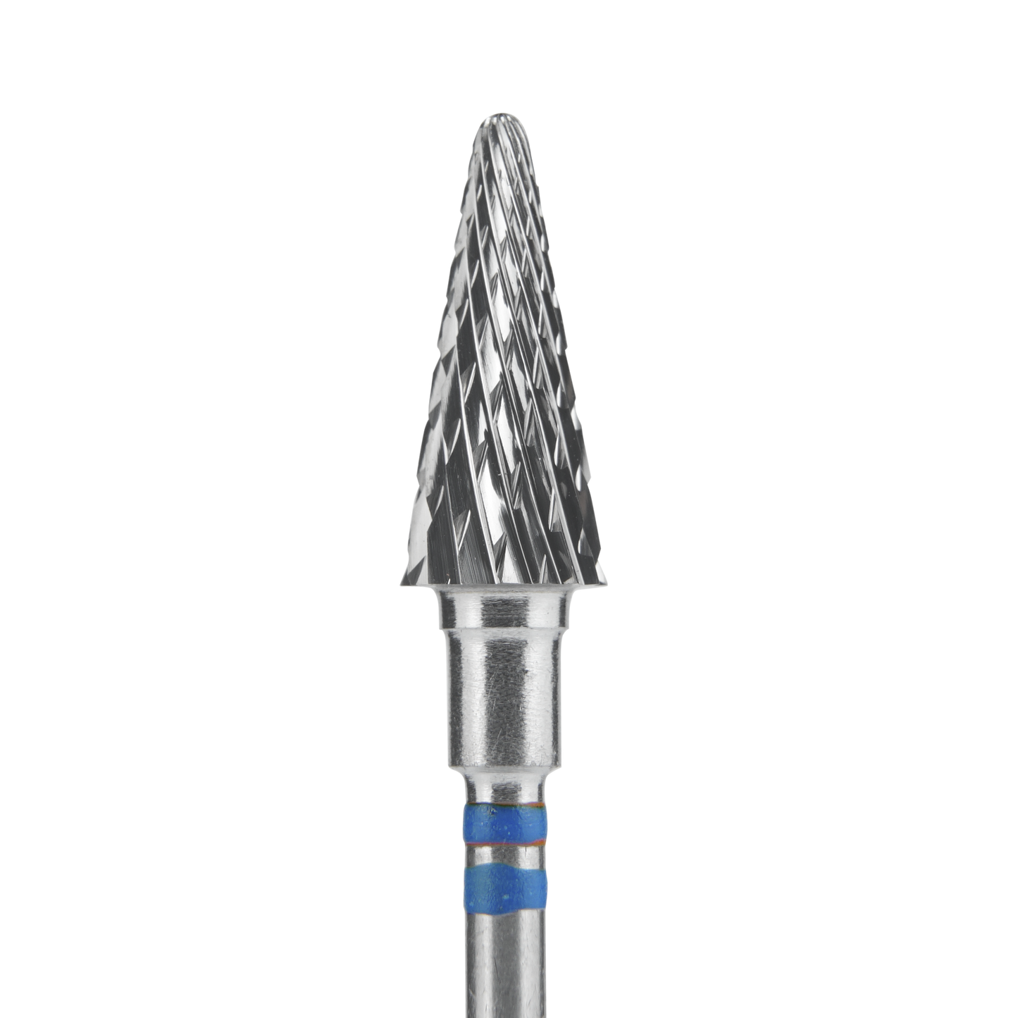 A close-up of the Staleks STALEKS PRO Carbide Nail Drill Bit for left-handed users, cone blue EXPERT (6 mm head/14 mm working part), featuring textured diagonal grooves and blue stripes, isolated on a black background.