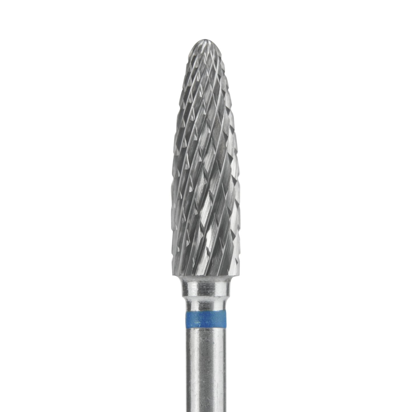 A close-up of the Staleks STALEKS PRO Carbide Nail Drill Bit Flame Blue EXPERT, featuring a 5 mm head and 13.5 mm working part, with a blue band—perfect for precise gel polish removal from artificial nails.