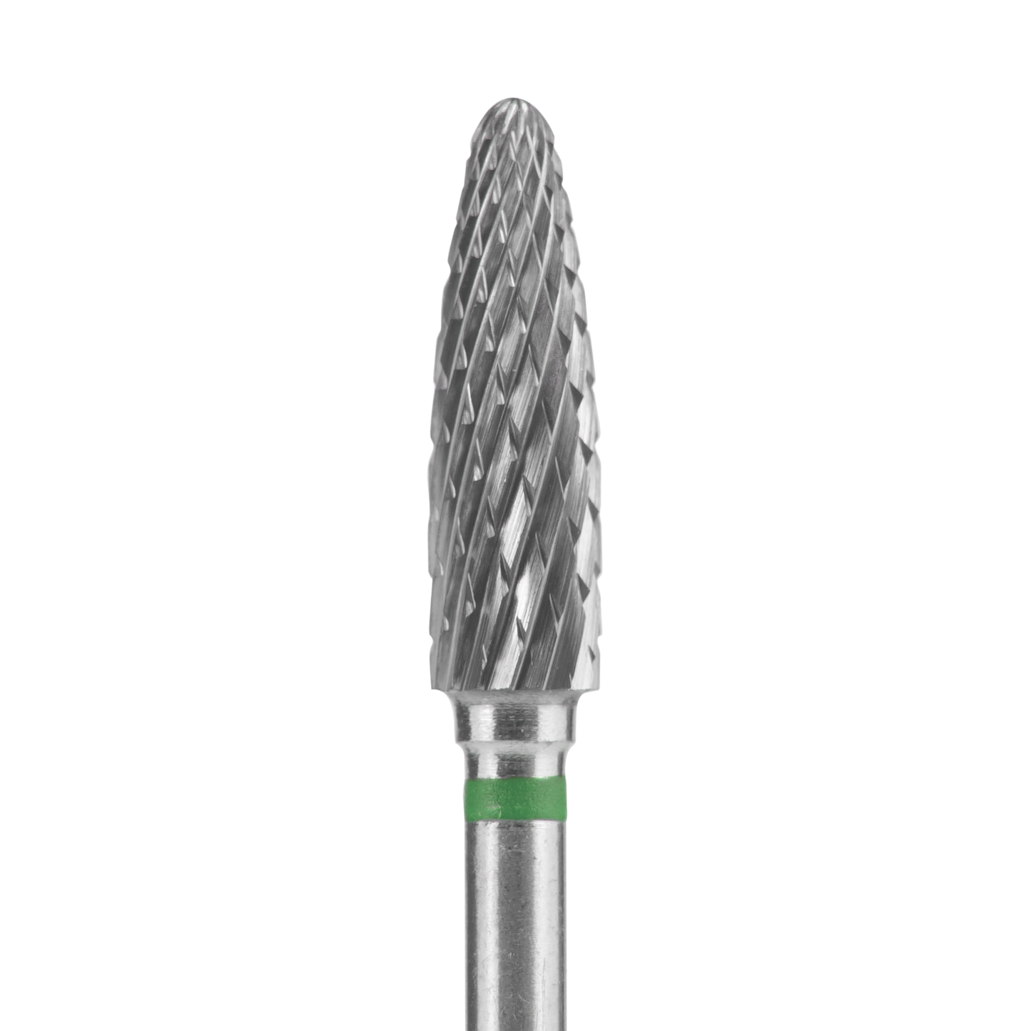 Close-up of the Staleks STALEKS PRO Carbide Nail Drill Bit Corn Green EXPERT (4mm head, 14mm working part), a silver, spiral-cut rotary burr tool with a green band for gel polish removal or shaping artificial nails by Staleks.