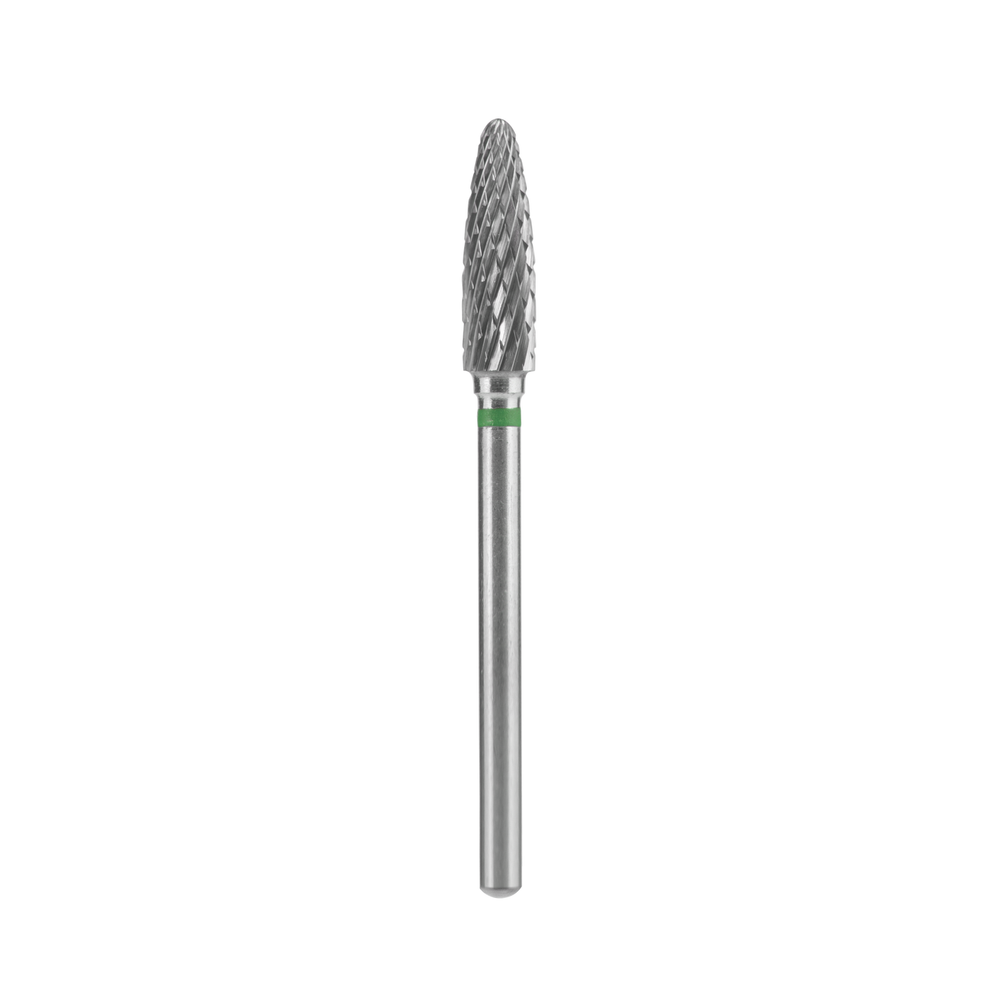 The Staleks STALEKS PRO Carbide Nail Drill Bit Corn Green, 4 mm head and 14 mm working part, features a pointed, textured cutting head and smooth cylindrical shank—ideal for gel polish removal—shown isolated on black.