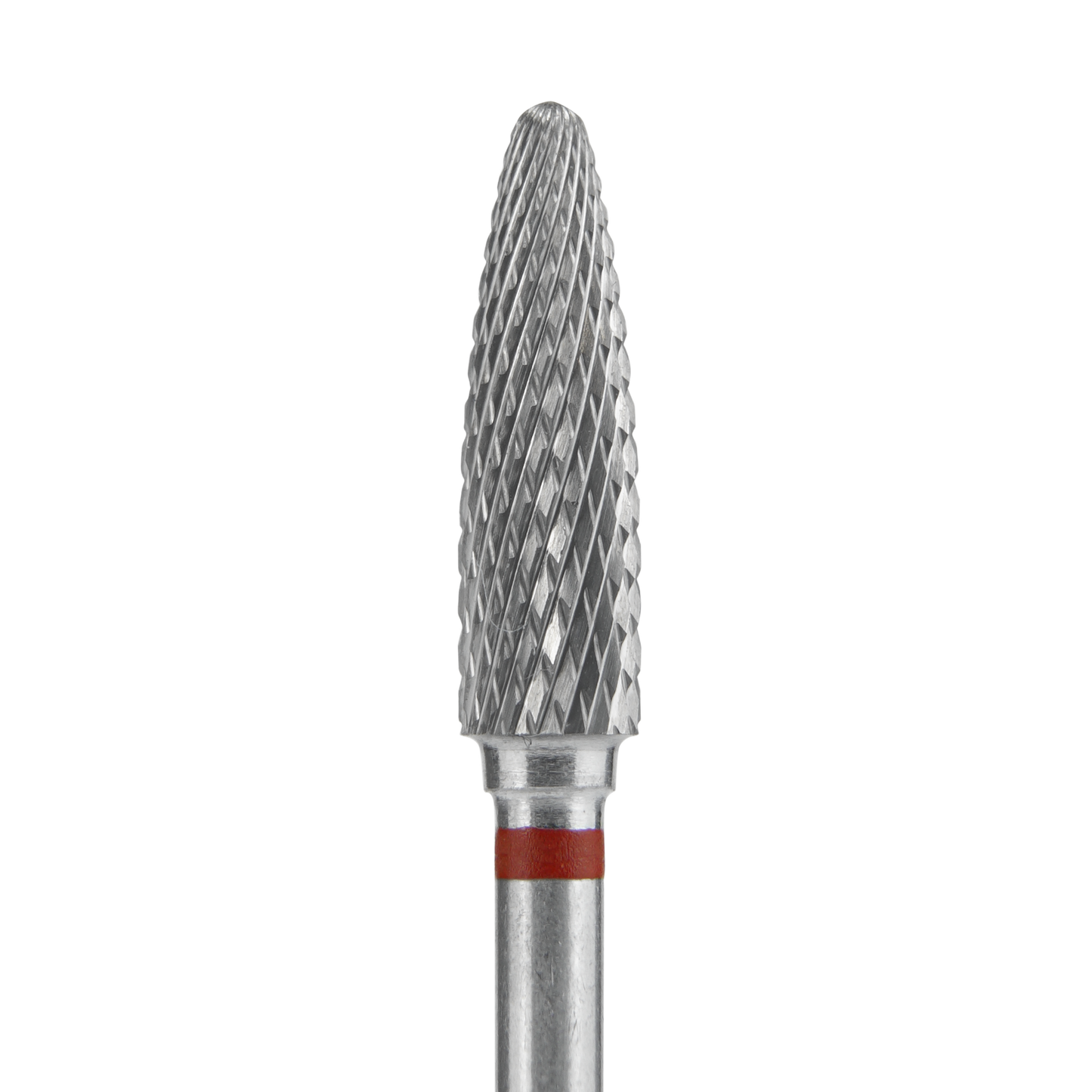 A close-up of the Staleks STALEKS PRO Carbide Nail Drill Bit Corn Red EXPERT (head diameter 4 mm, working part 14 mm), featuring a pointed, textured silver tip with a red ring near its base, set against a black background.