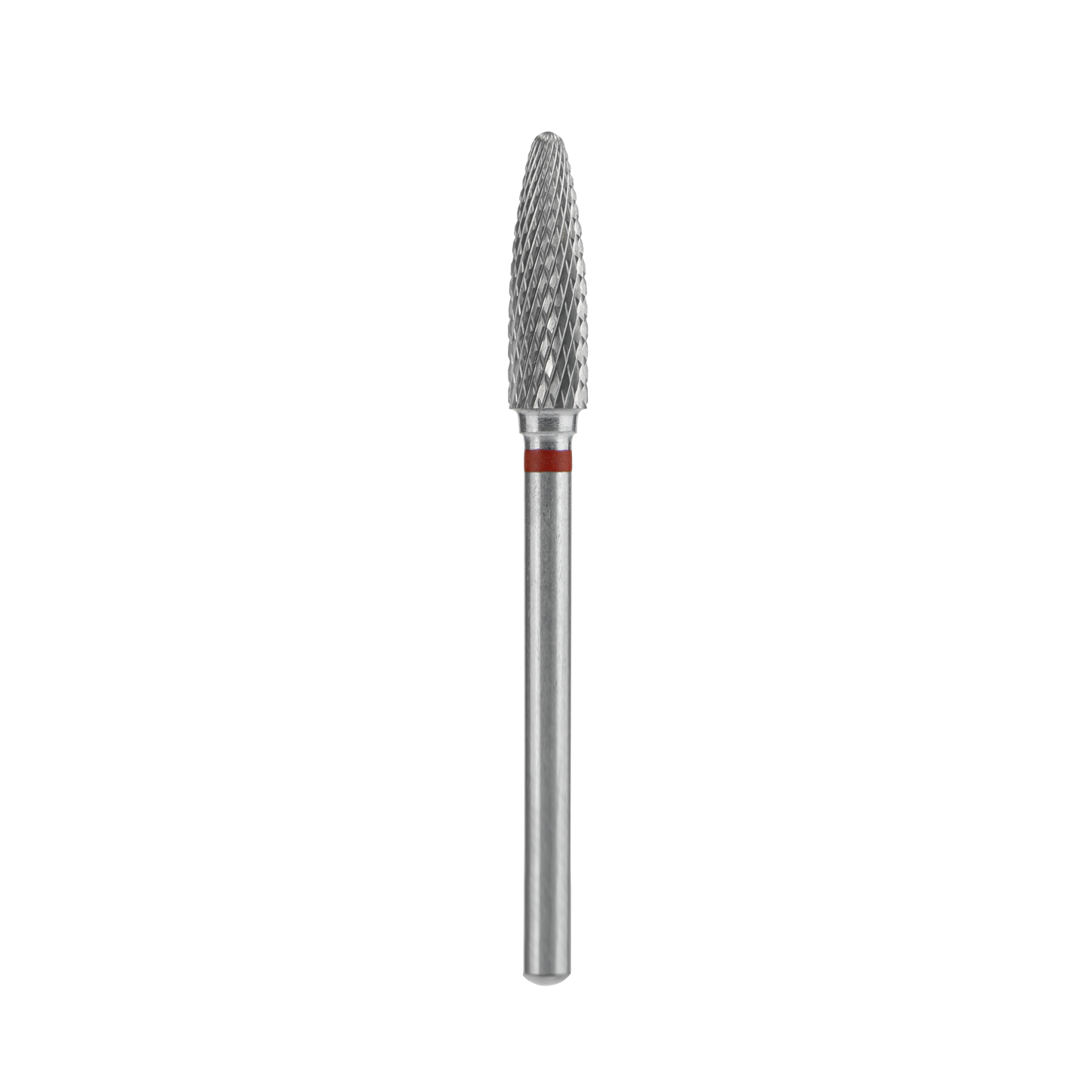 The STALEKS PRO Carbide Nail Drill Bit Corn Red EXPERT by Staleks features a 4 mm head and 14 mm working part, ideal for manicure hardware work, shown isolated on a black background.