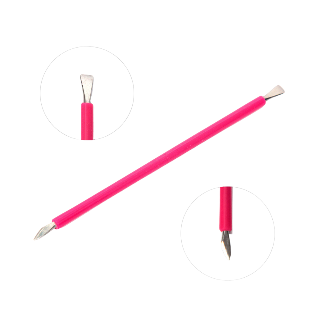 The ISIS CUTELARIA Spatula with Flat and Sharp Pusher, featuring stainless steel ends and a pink silicone cover, includes a flat angled tip and pointed end. Close-ups highlight each end's details. Smooth, ergonomic handles offer precision nail care, making it an essential beauty tool.