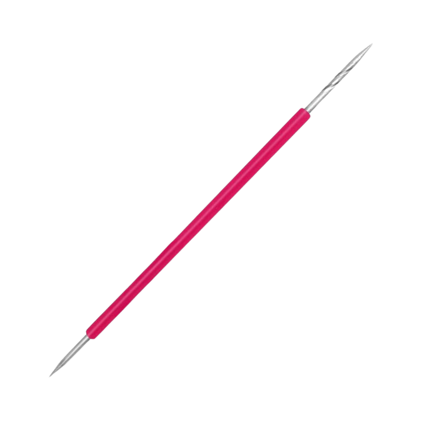An ISIS CUTELARIA Toothpick Double-End Stick With Pink Silicone (pointed tip Pusher), perfect for manicure and pedicure care. Each end features a different shaped stainless steel tip designed for tasks like cuticle cleaning or detailed nail art. The tool is isolated against a white background, brought to you by Isis Cutelaria.