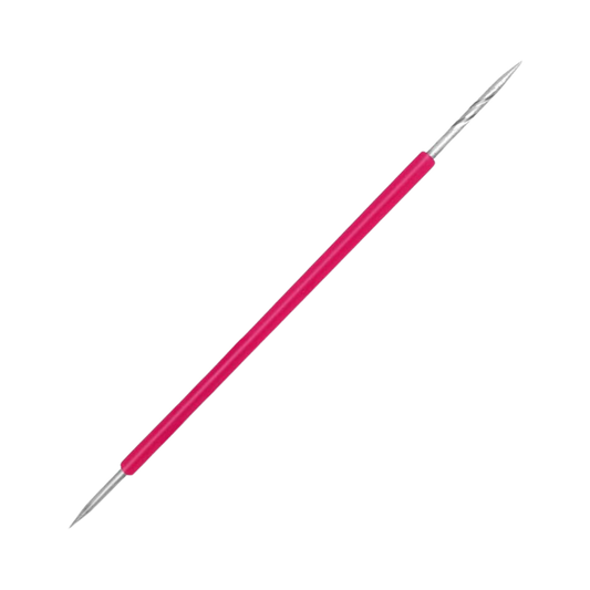 An ISIS CUTELARIA Toothpick Double-End Stick With Pink Silicone (pointed tip Pusher), perfect for manicure and pedicure care. Each end features a different shaped stainless steel tip designed for tasks like cuticle cleaning or detailed nail art. The tool is isolated against a white background, brought to you by Isis Cutelaria.