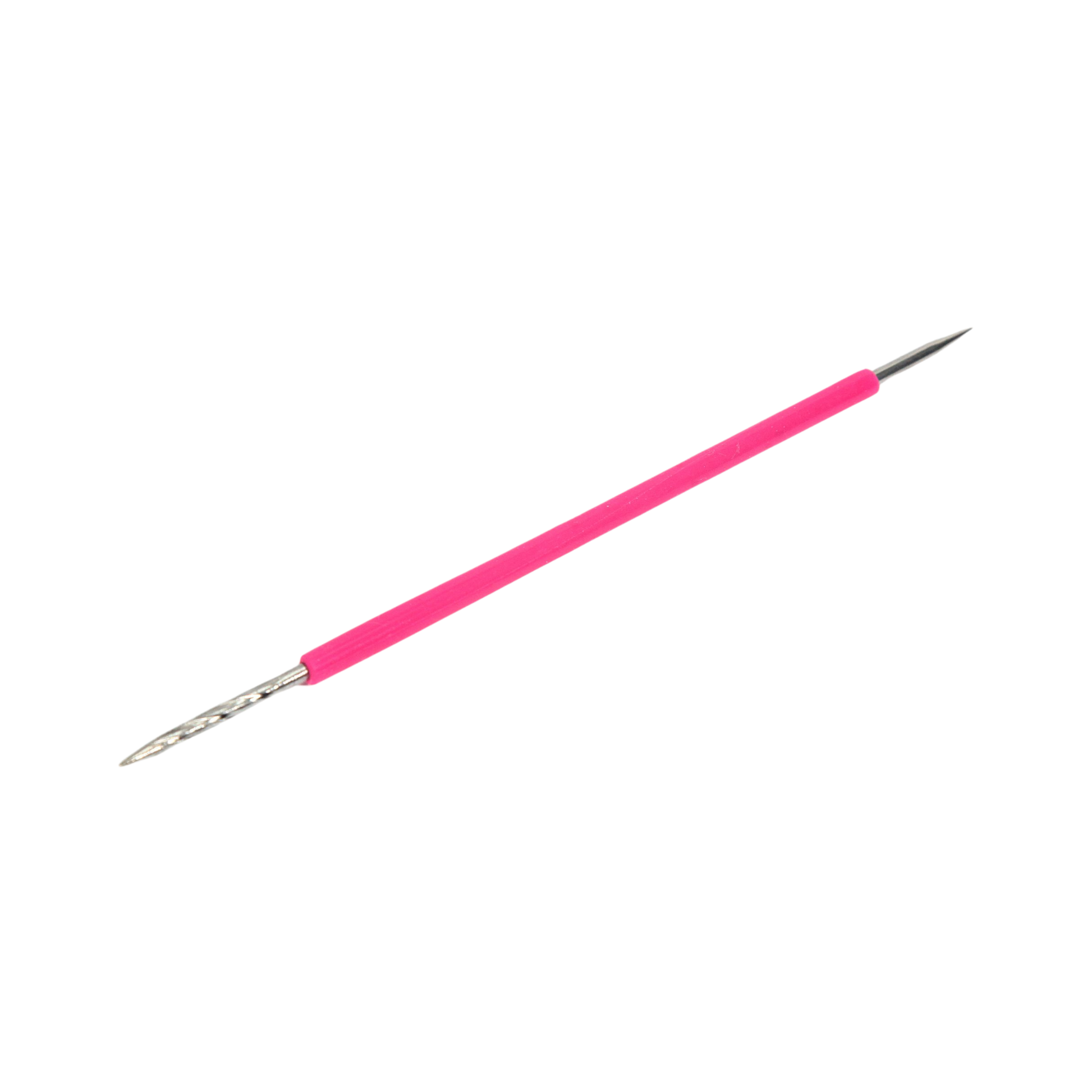 Image of an ISIS CUTELARIA Toothpick Double-End Stick With Pink Silicone (pointed tip Pusher) by Isis Cutelaria with a pink handle and dual stainless steel tips. One end has a curved, sharp point for pushing back cuticles, while the other end is flat and designed for cleaning under nails. The object is isolated on a white background.
