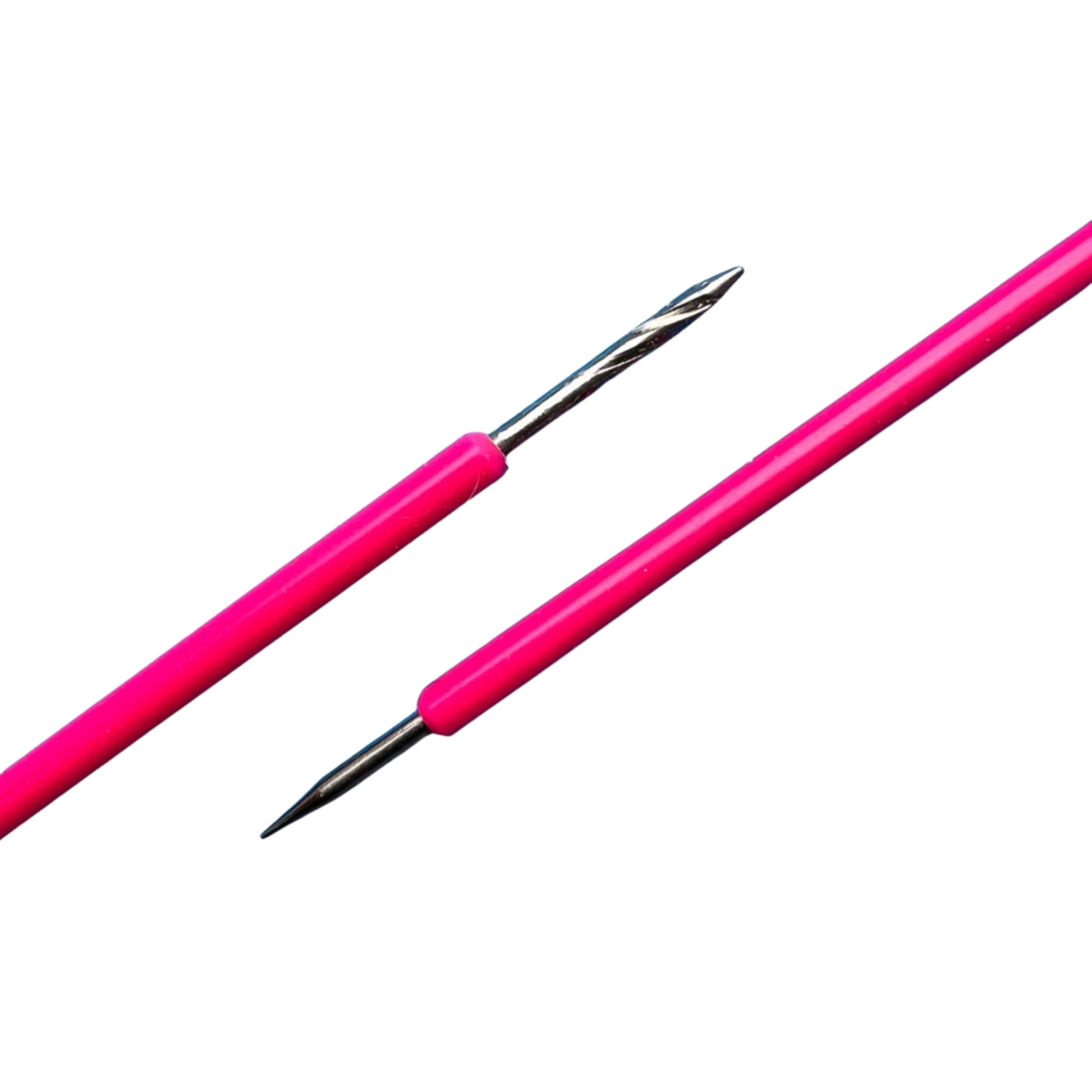 Two ISIS CUTELARIA Toothpick Double-End Sticks With Pink Silicone (pointed tip Pusher) by Isis Cutelaria with pink bodies, featuring sharp ends for working with yarn. Each stick offers an ergonomic silicone grip for comfort. They are placed diagonally in opposite directions against a black background.