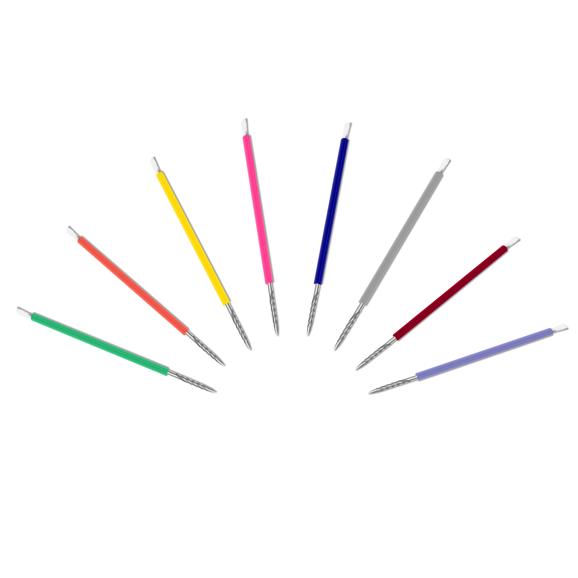 Eight vibrant ISIS CUTELARIA styluses, featuring a sleek stainless steel build and silicone covers, are arranged in a semi-circle on a black background. Available in red, green, yellow, pink, blue, gray, wine red, and purple with metallic ends and white tips from the Isis Cutelaria brand.