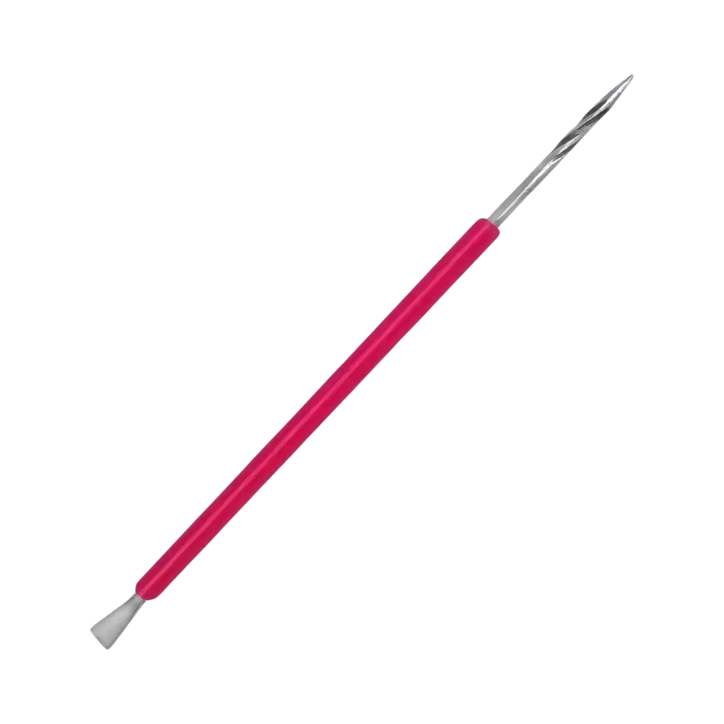 A red-handled, dual-ended nail care tool from Isis Cutelaria, featuring a stainless steel with a silicone cover, with a cuticle pusher on one end and a pointed scraper on the other end, displayed against a white background. Presenting the ISIS CUTELARIA Pusher and Stick Stainless Steel with Silicone Cover.