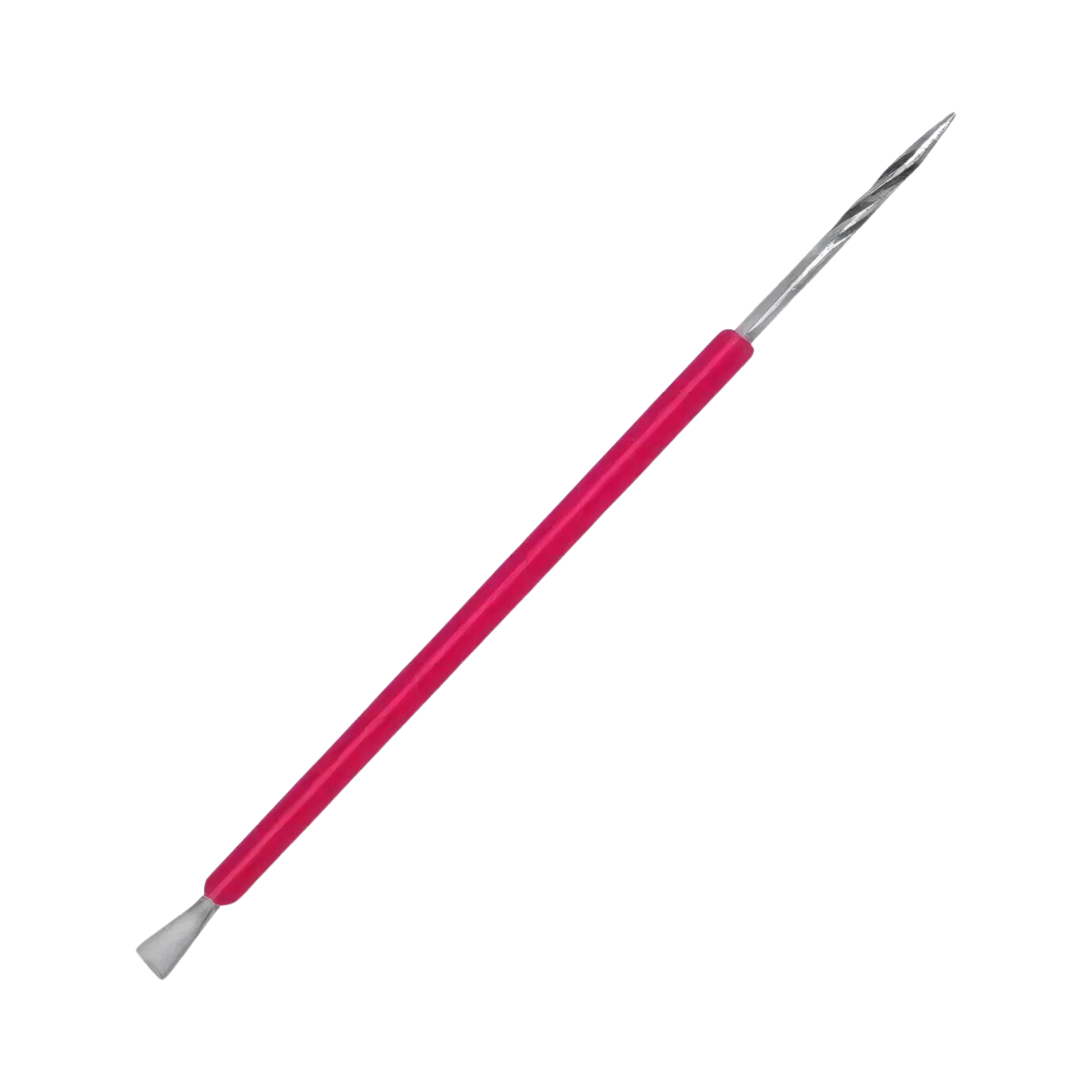 A red-handled, dual-ended nail care tool from Isis Cutelaria, featuring a stainless steel with a silicone cover, with a cuticle pusher on one end and a pointed scraper on the other end, displayed against a white background. Presenting the ISIS CUTELARIA Pusher and Stick Stainless Steel with Silicone Cover.