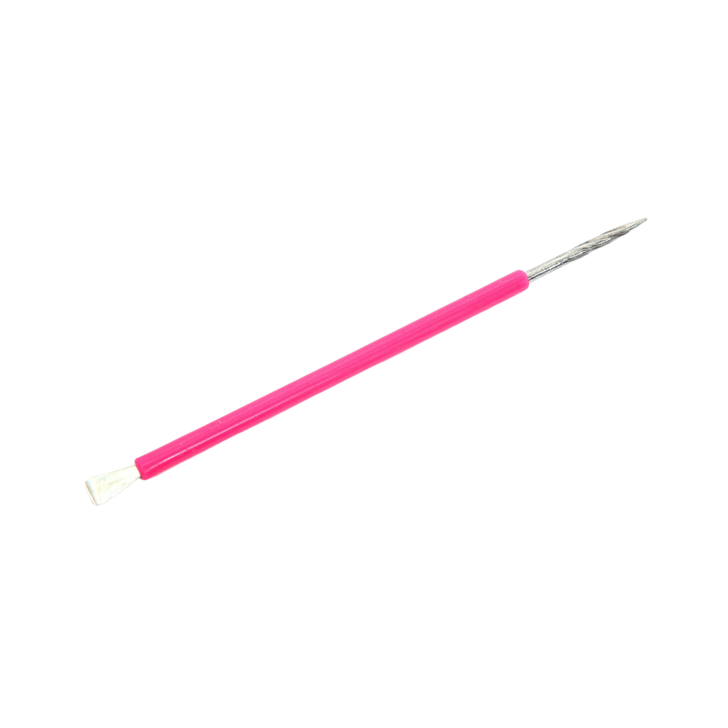 An ISIS CUTELARIA Pusher and Stick Stainless Steel with Silicone Cover by Isis Cutelaria. One end has a flat, rounded spatula shape for pushing back cuticles, while the other end tapers to a pointed tip for cleaning under nails. This essential nail care tool is set against a white background.