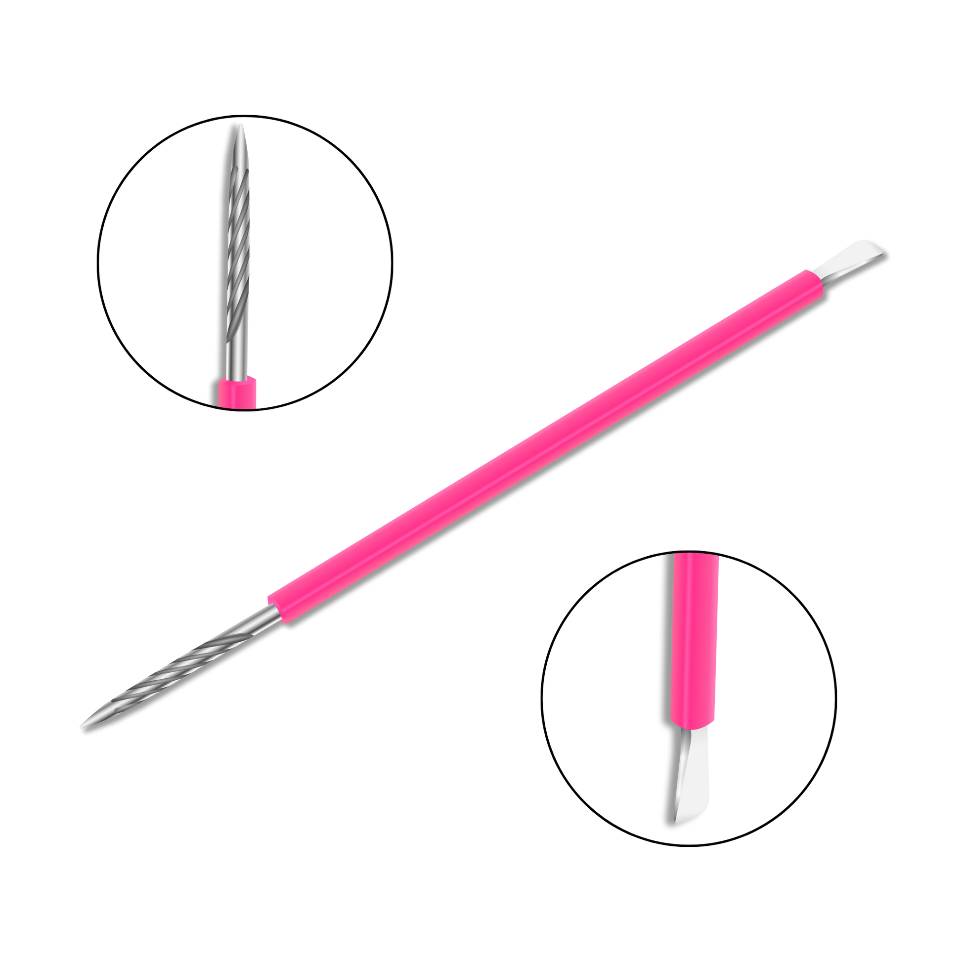 The ISIS CUTELARIA Pusher and Stick by Isis Cutelaria features a stainless steel spiral drill and flat metal scraper with a pink handle. Two separate tool tips rest on a black background next to the sleek cuticle pusher, which has a silicone cover for added grip.