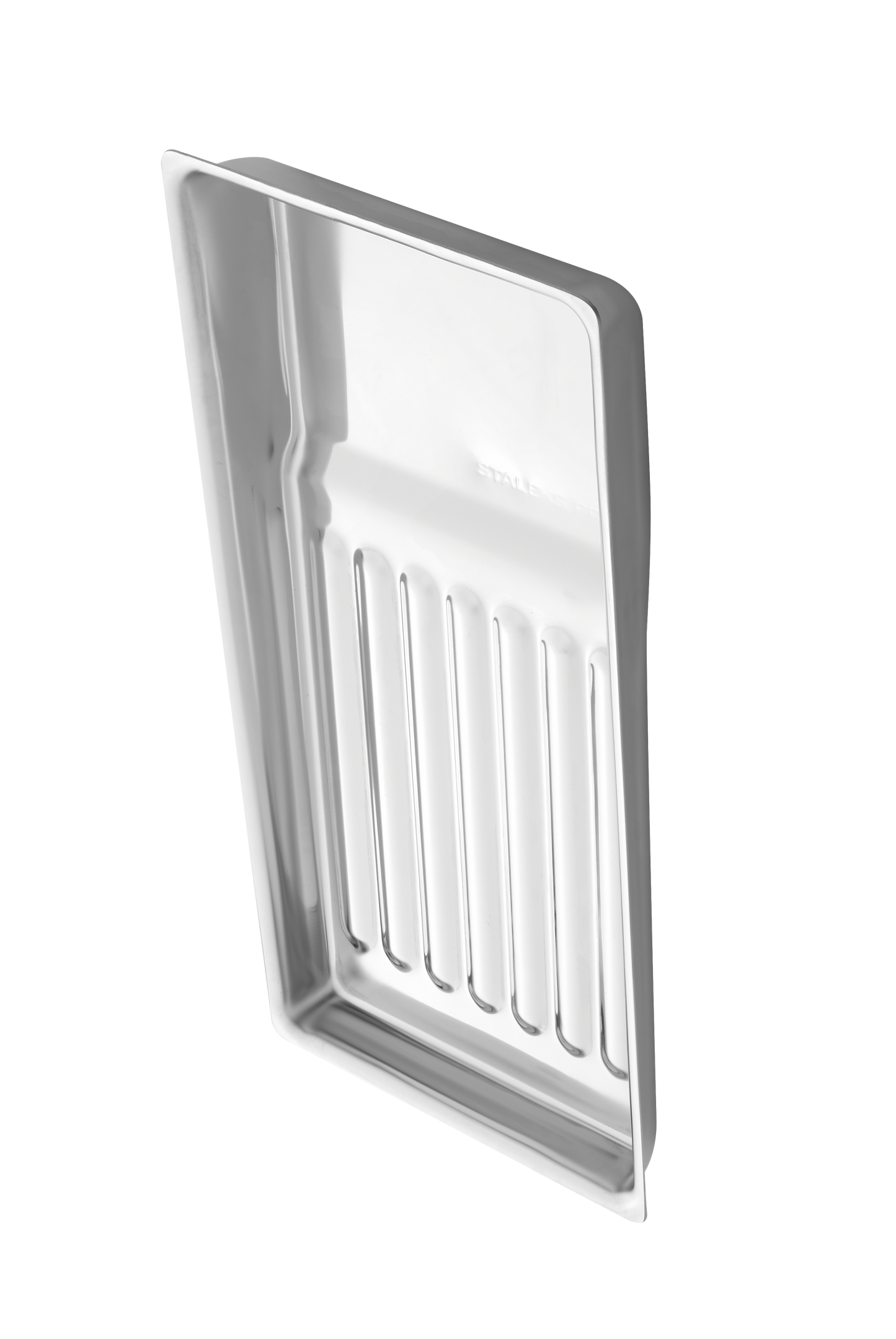 A white ceramic soap dish with ribbed detailing, embedded in a tiled wall, depicted against a clean white background. It features an area designed for STALEKS PRO Tool tray EXPERT 10 TYPE 1 storage.
