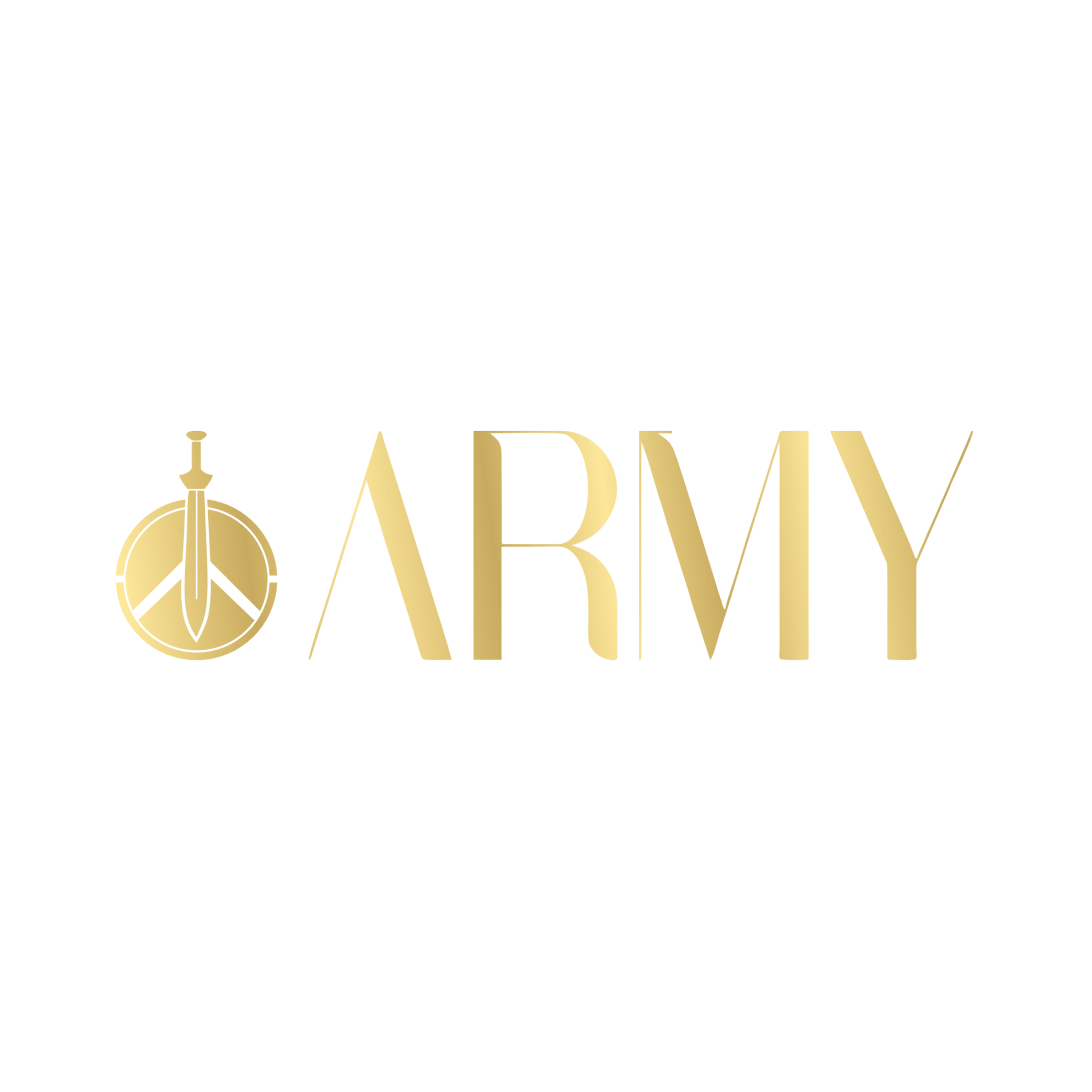 A gold logo on a black background featuring the word "ARMY" in elegant, capitalized letters. To the left, there is a circular emblem with a sword and a peace symbol combined, reminiscent of Army Cosmeticos ARMY Builder Gel General Clear 24g's resilience and quick curing precision.