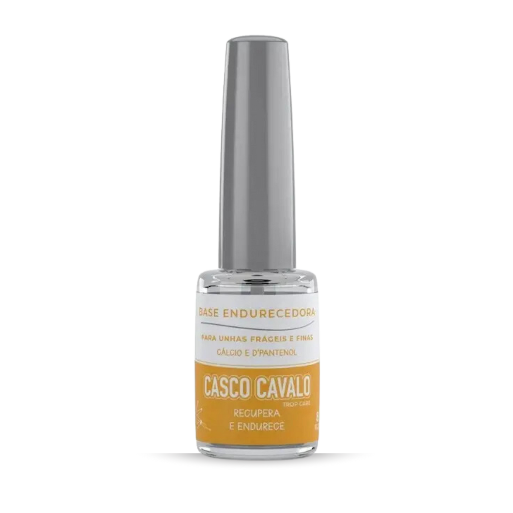 A bottle of TROP CARE Casco De Cavalo Hardening Base features a silver cap and a yellow label, indicating it is a nail care product made to strengthen fragile nails with Calcium and D'Panthenol.