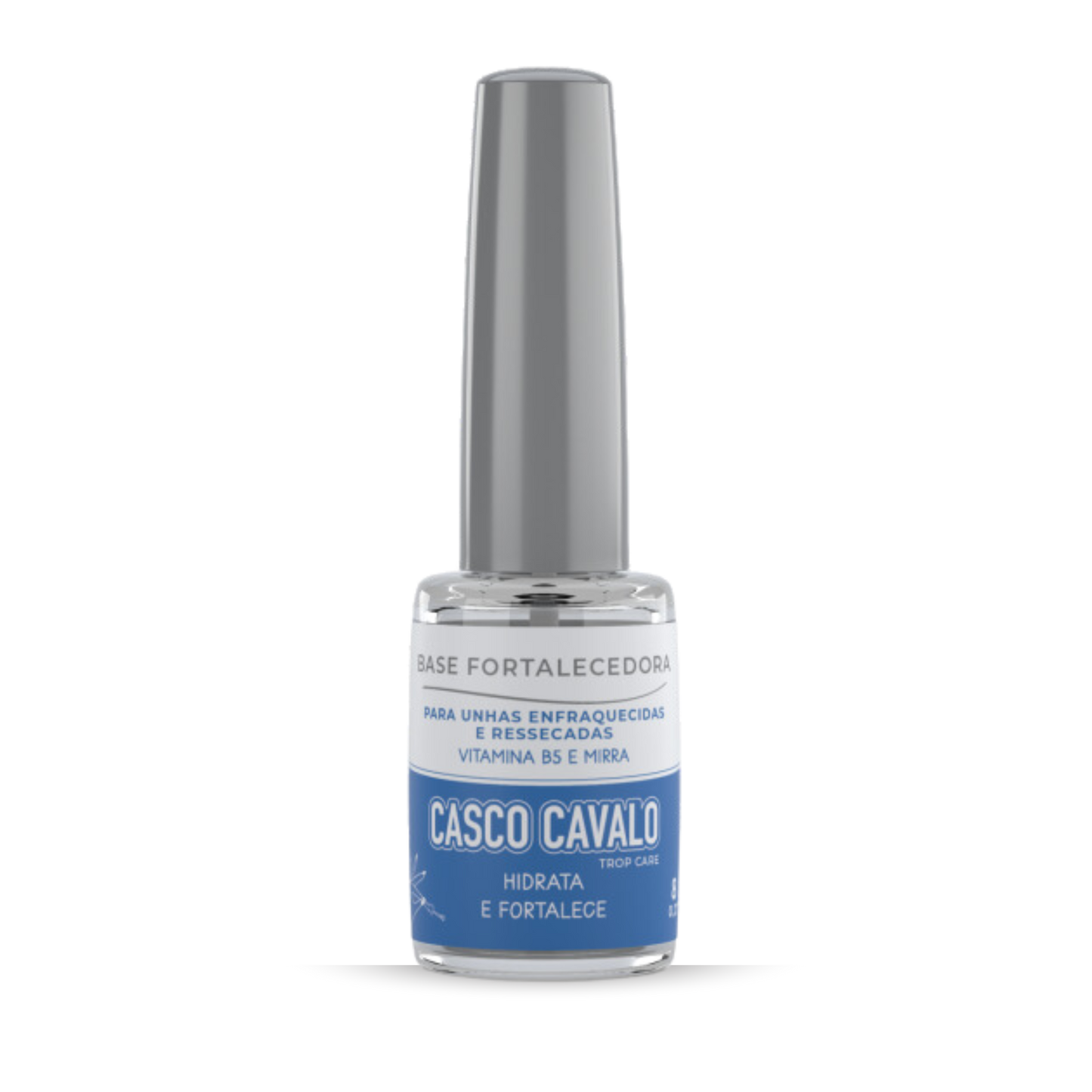A clear nail polish bottle with a silver cap is labeled "TROP CARE Casco De Cavalo." The packaging describes it as a strengthening base for weak and dry nails, enriched with Vitamin B5 and Myrrh Oil, with the text in Portuguese.