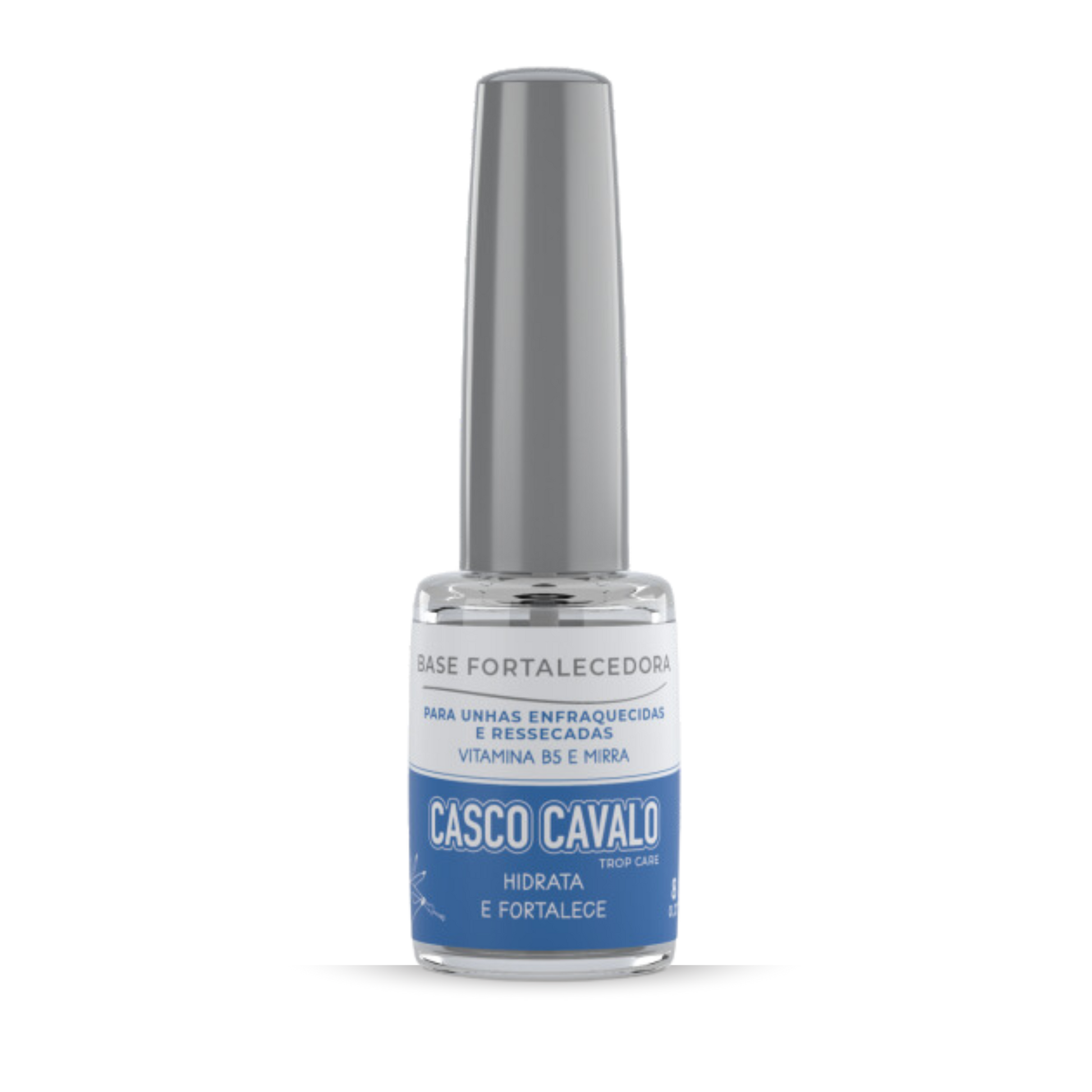 A clear nail polish bottle with a silver cap is labeled "TROP CARE Casco De Cavalo." The packaging describes it as a strengthening base for weak and dry nails, enriched with Vitamin B5 and Myrrh Oil, with the text in Portuguese.