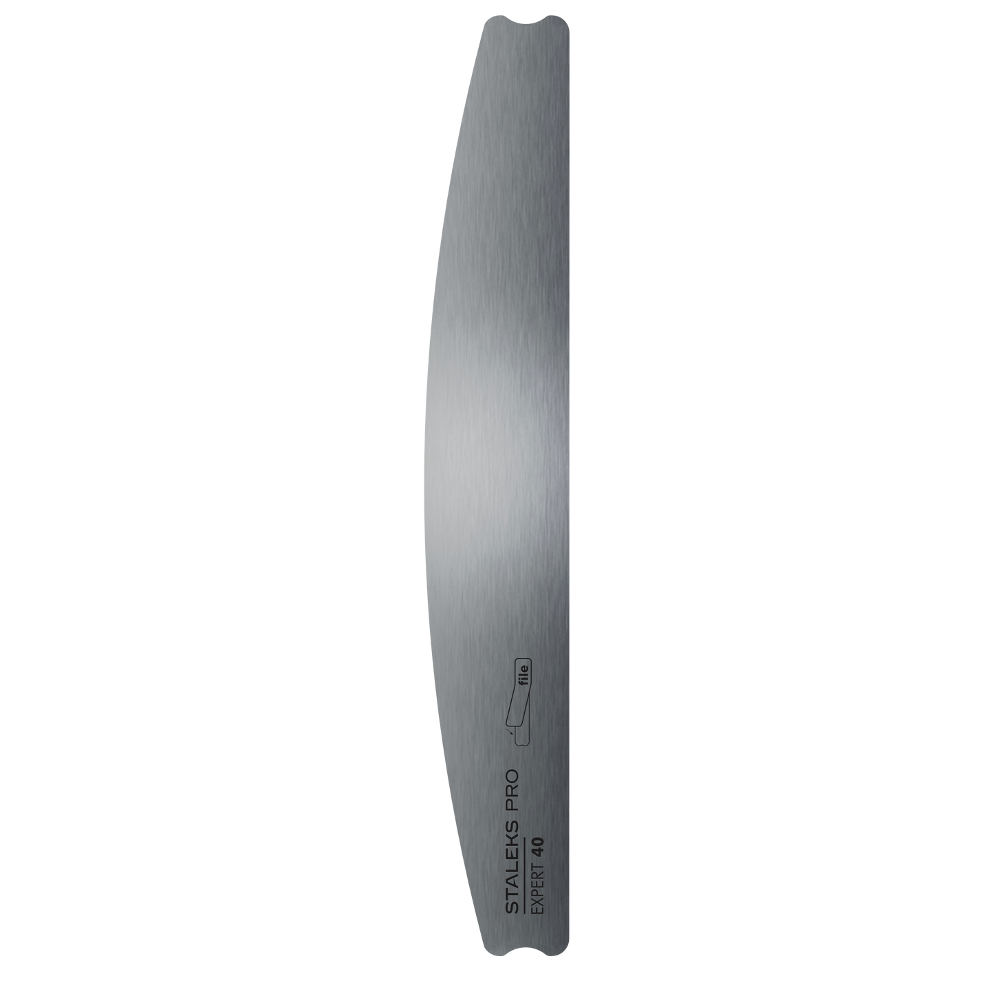 The STALEKS PRO Crescent Metal Base For Nail File EXPERT 40 by Staleks is a stainless steel, straight, curved-edge replacement base with engraved labeling, designed for use with metal nail files, shown against a black background.