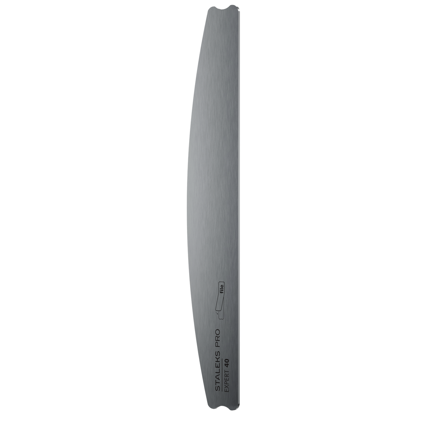 The STALEKS PRO Crescent Metal Base For Nail File EXPERT 40 by Staleks, a single curved stainless steel base with engraved text and a small icon near the edge, is shown from the side against a black background.