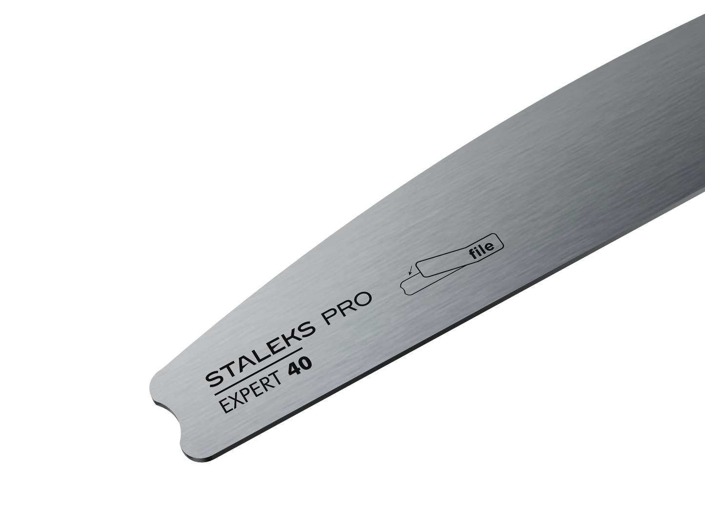 A close-up of the Staleks STALEKS PRO Crescent Metal Base For Nail File EXPERT 40, engraved with the brand name and product title, displayed against a black background.