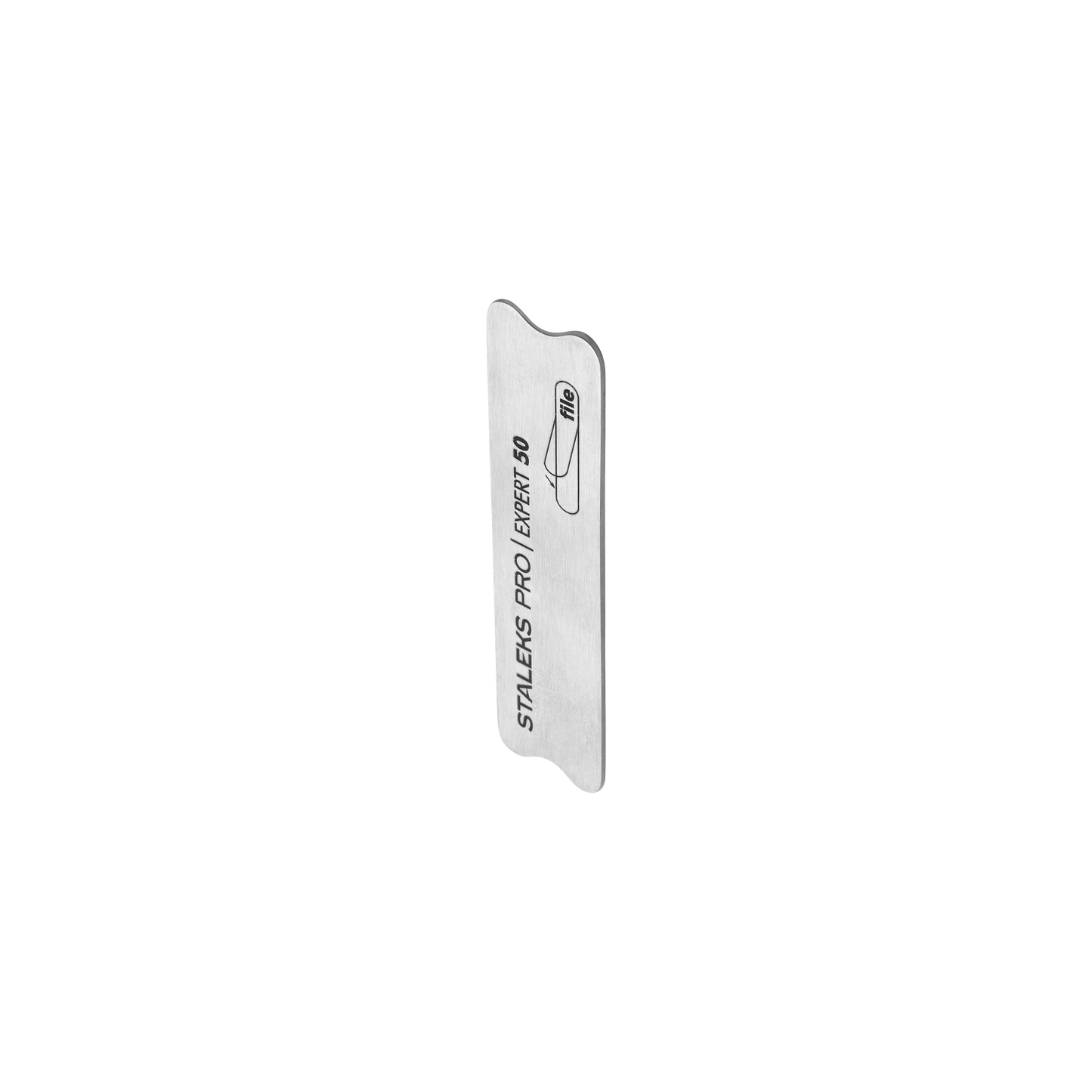 A close-up of a Staleks stainless steel razor blade, featuring engraved text and logo, isolated on a white background, used in manicure procedures.