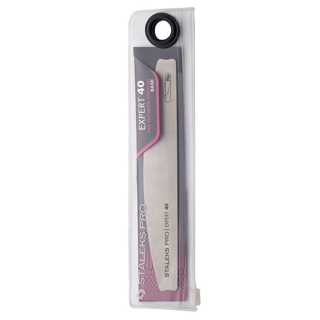 The Staleks PRO Crescent Metal Base For Nail File EXPERT 40 is shown in a clear zippered case, featuring a black and pink design.