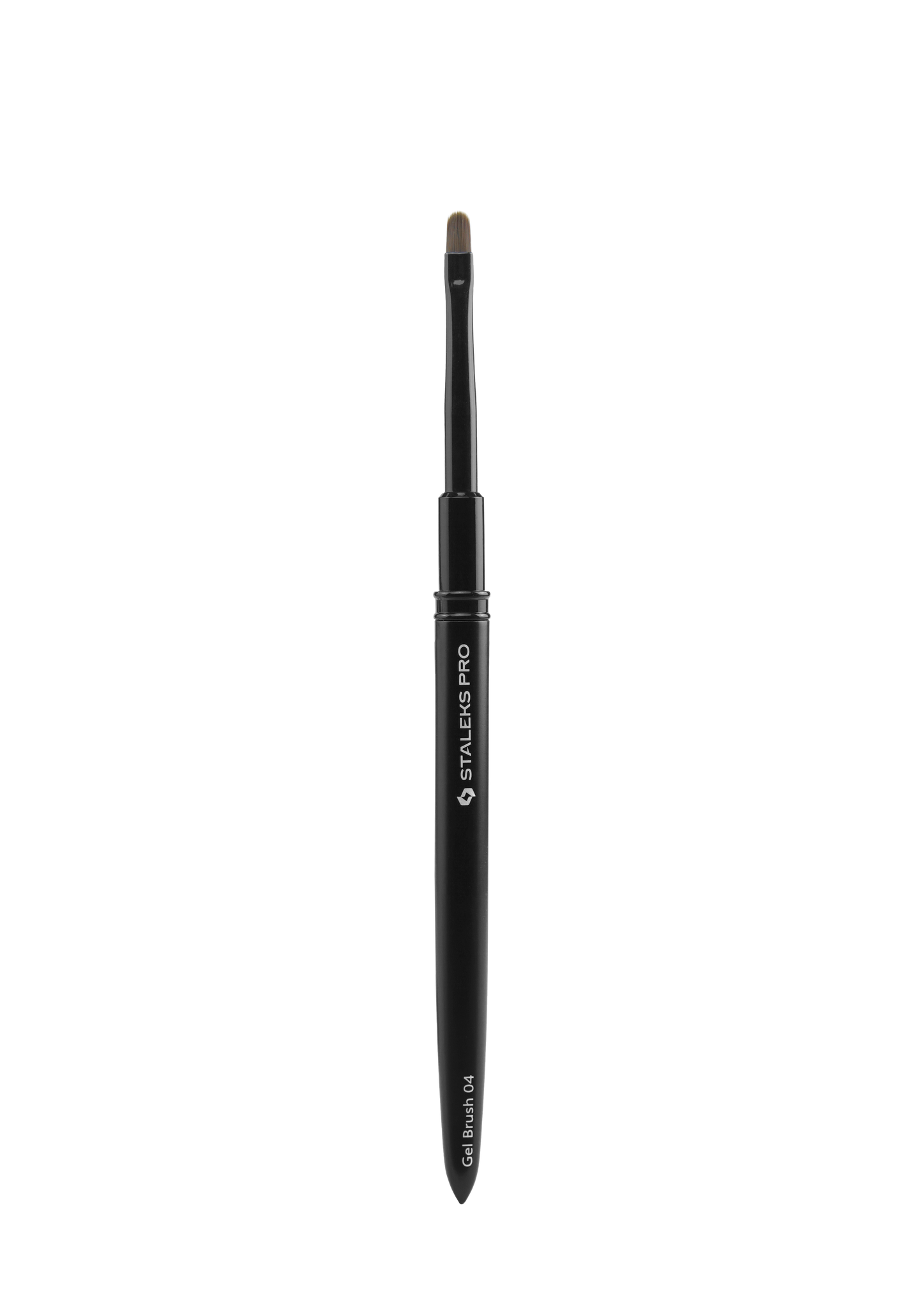 The Staleks STALEKS PRO Brush For Gel EXPERT (4 mm width, 7 mm length) features a small, flat, rounded black synthetic bristle head and an aluminum handle with "STAY CLASSY PRO," shown vertically against a plain background.