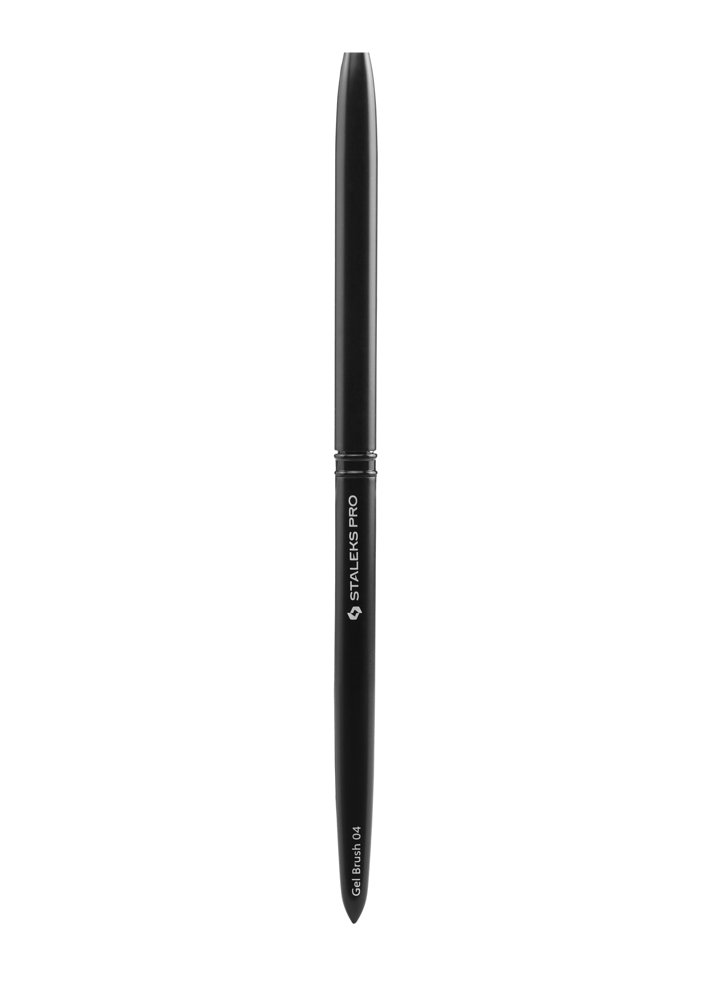 A STALEKS PRO Brush For Gel EXPERT, 4 mm wide and 7 mm long, is shown vertically. The brush features the Staleks brand name and a sleek aluminium handle for precision and comfort.