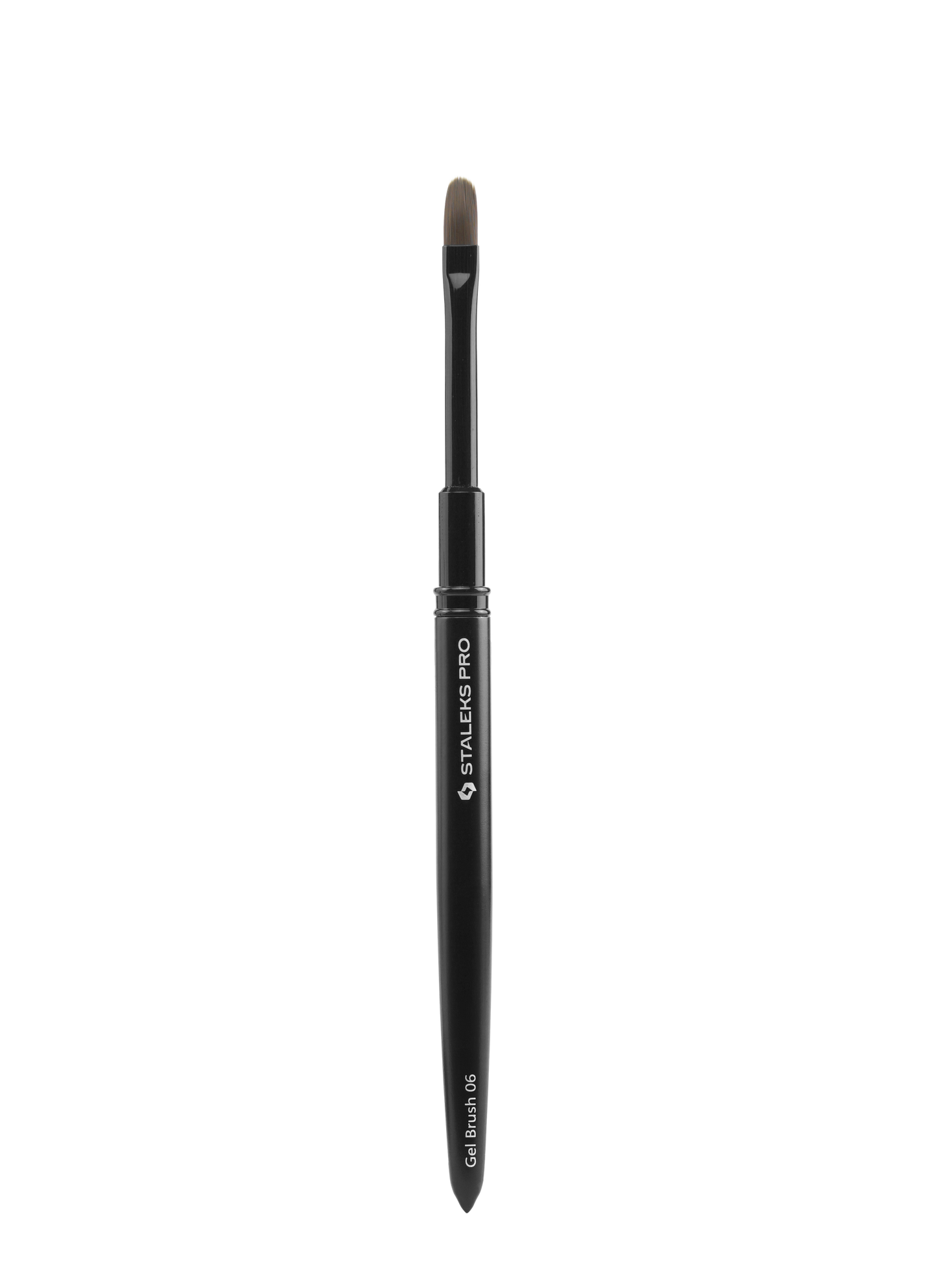 The STALEKS PRO Brush for gel EXPERT (6 mm width, 11 mm length) by Staleks features a black handle with white branding, comfortable grip, synthetic bristles, and a rounded flat tip.