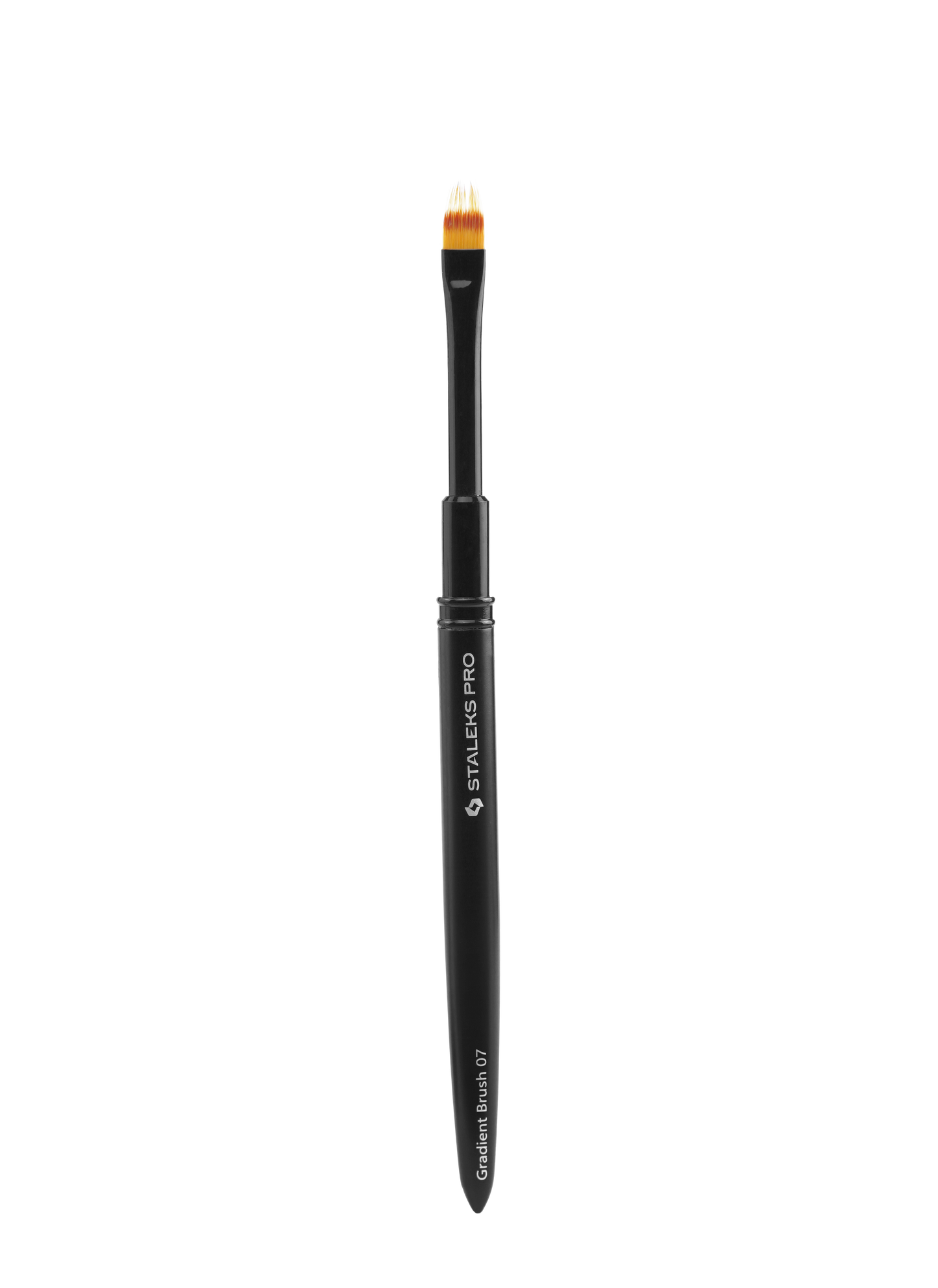 The Staleks PRO Brush For Gradient EXPERT (7mm x 11mm) by Staleks features a black handle and oval, flat head with yellow and white synthetic bristles for precise makeup application, shown upright on a plain background.
