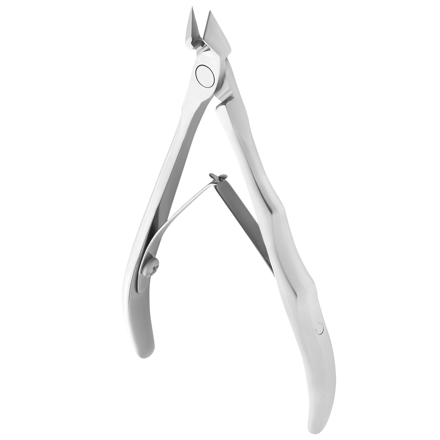 The STALEKS PRO Professional Cuticle Nippers EXPERT 20 8 mm by Staleks feature high-alloy stainless steel, curved handles, and manually sharpened pointed blades for precise cuticle and hangnail trimming.