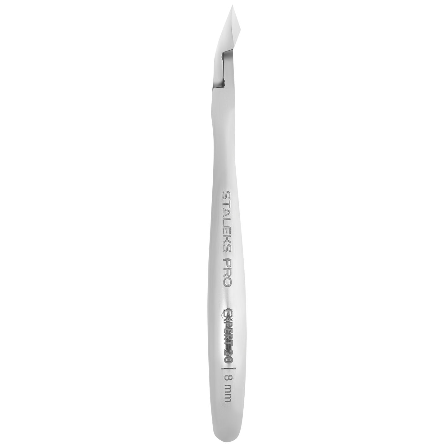 The STALEKS PRO Professional Cuticle Nippers EXPERT 20 by Staleks, made of high-alloy stainless steel with a straight handle and 8 mm blade, is shown vertically against a white background.