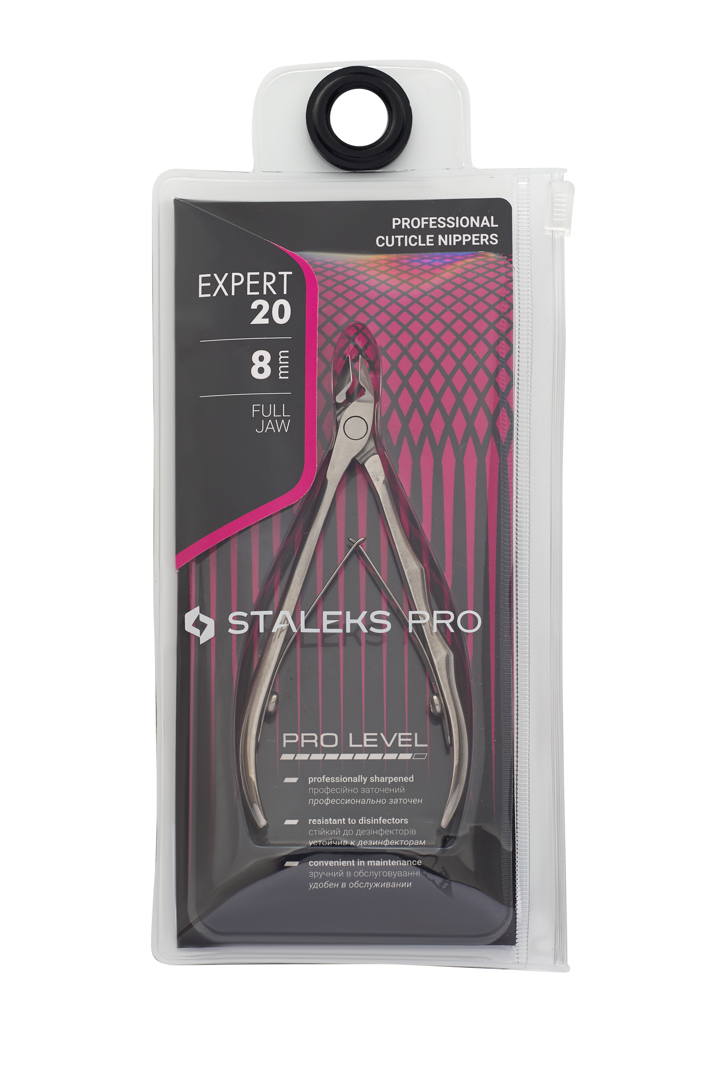 A package of STALEKS PRO Professional Cuticle Nippers EXPERT 20 8 mm by Staleks is shown in a clear plastic pouch with black and pink labeling, displaying the high-alloy stainless steel nippers inside.