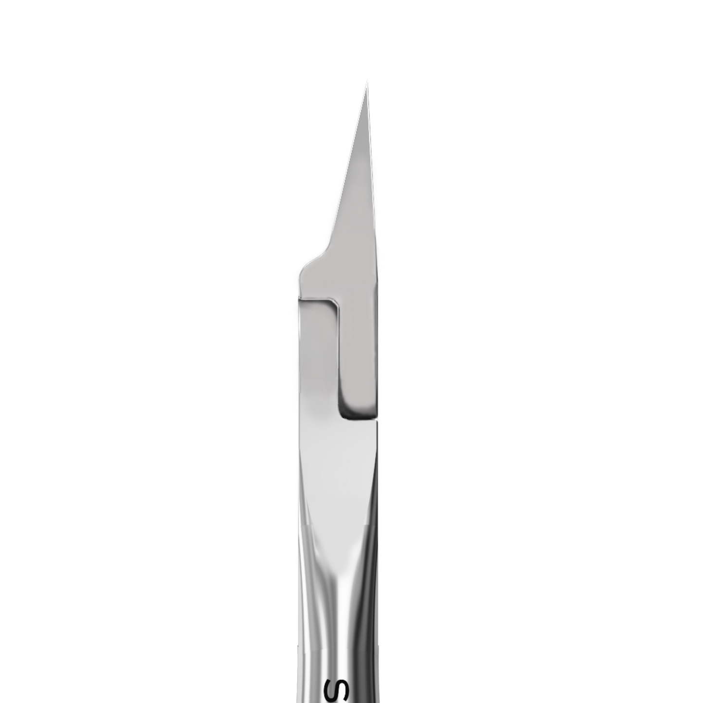 Close-up of a sharp surgical scalpel blade, shown with STALEKS PRO Professional Nippers For Ingrown Toenails EXPERT 61 12 mm by Staleks, used for precise ingrown nail treatment against a white background.