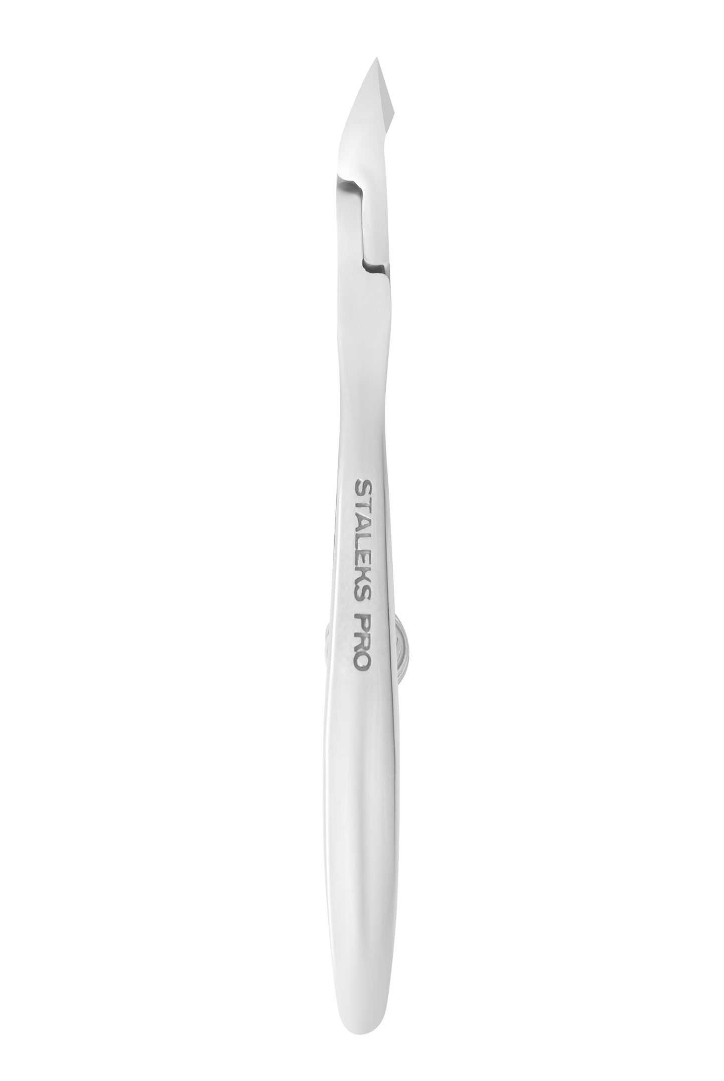 An image of a Staleks PRO Professional cuticle nippers 7 mm jaw EXPERT 91 with a stainless steel AISI 420 blade extended and a white handle, isolated on a white background.