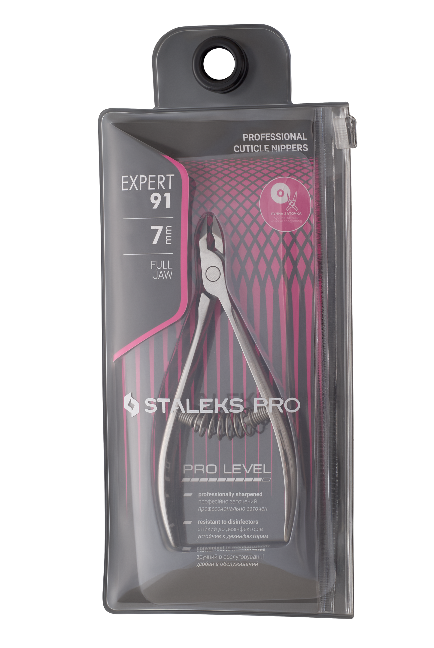 A pair of STALEKS PRO Professional cuticle nippers made from stainless steel AISI 420, packaged in a transparent plastic blister pack. The package is labeled with product details, emphasizing precision and professional-grade quality.