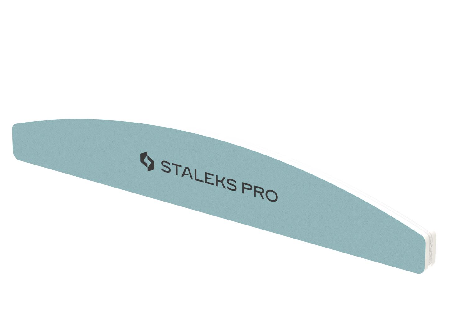 A light blue, crescent-shaped STALEKS PRO Polishing Buff Expert 41 (400/3000 grit), branded "Staleks" in black, for manicures and pedicures, isolated on a white background.