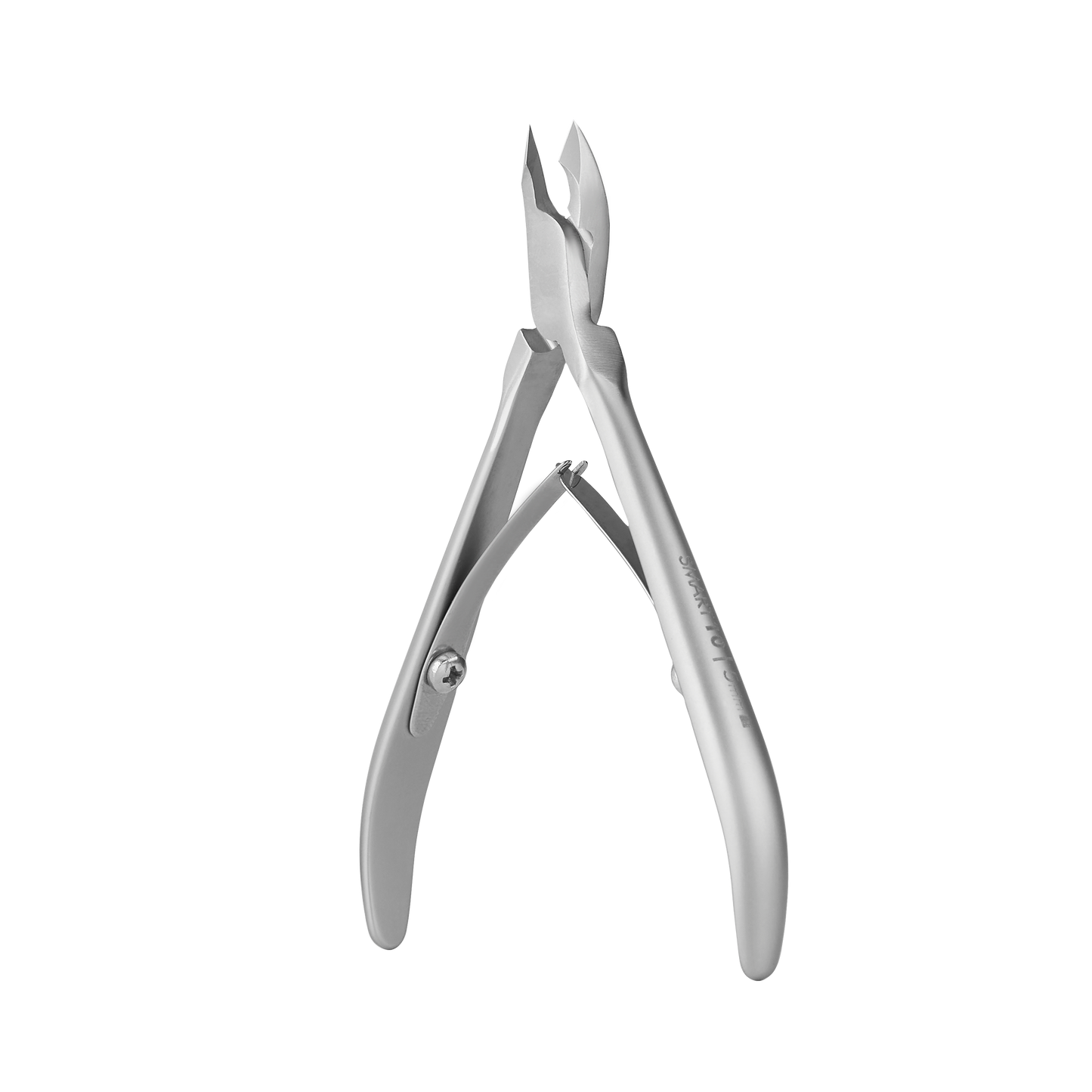 The STALEKS PRO Professional cuticle nippers SMART 10 5 mm, crafted by Staleks, feature sharp, angled blades and spring-loaded handles for expertly trimming cuticles and grooming nails, showcased against a black background.